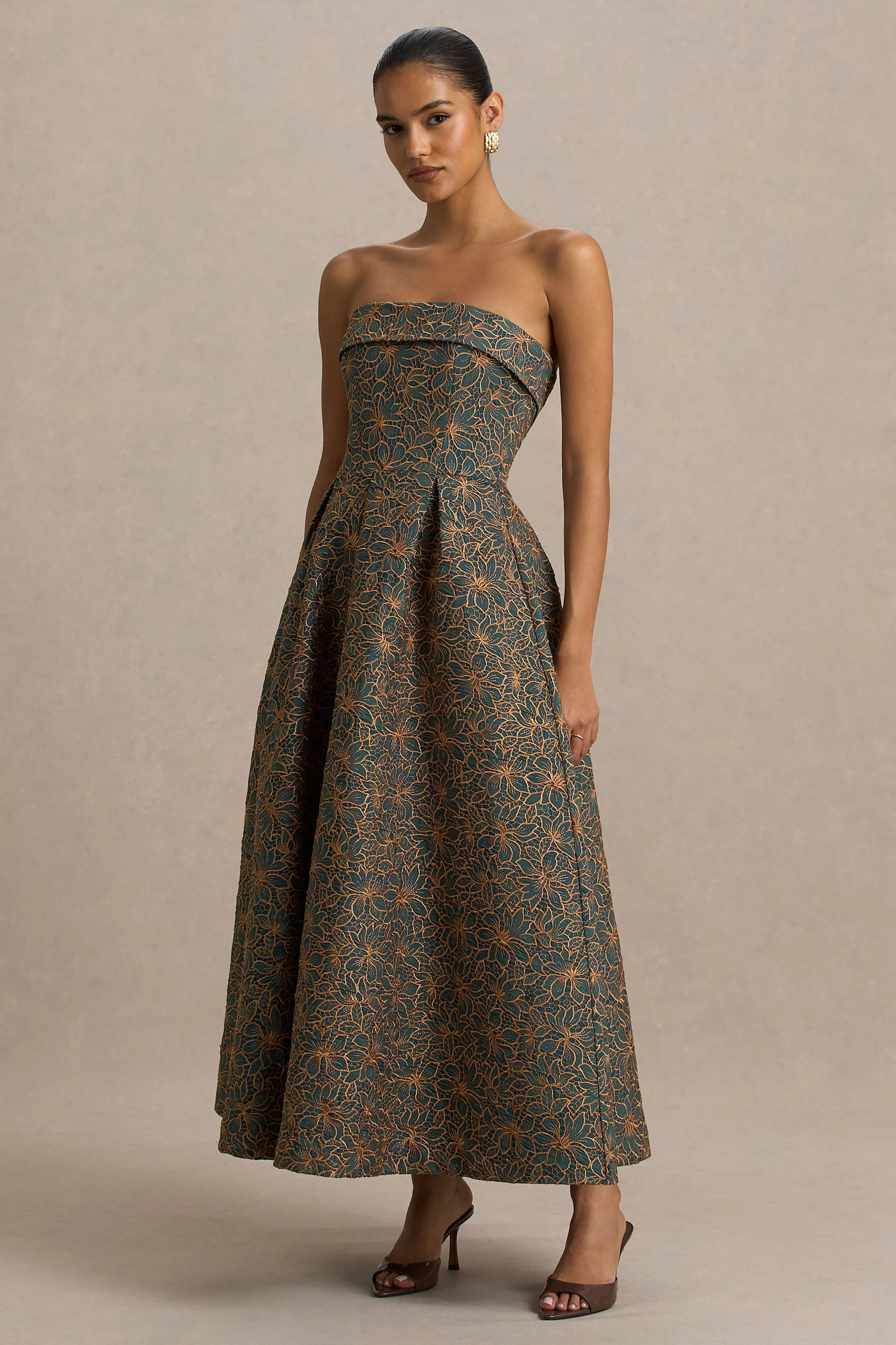 Loretta | Dark Green And Rust Embroidered Bandeau Midi Dress - Image 5