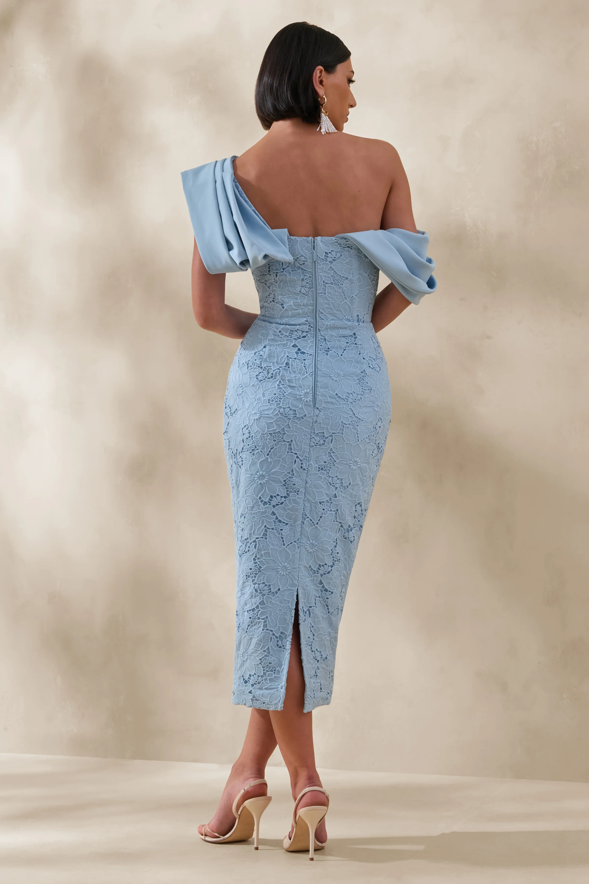 Loria | Powder Blue Lace Asymmetric-Neck Midi Dress With Draped Detailing - Image 2