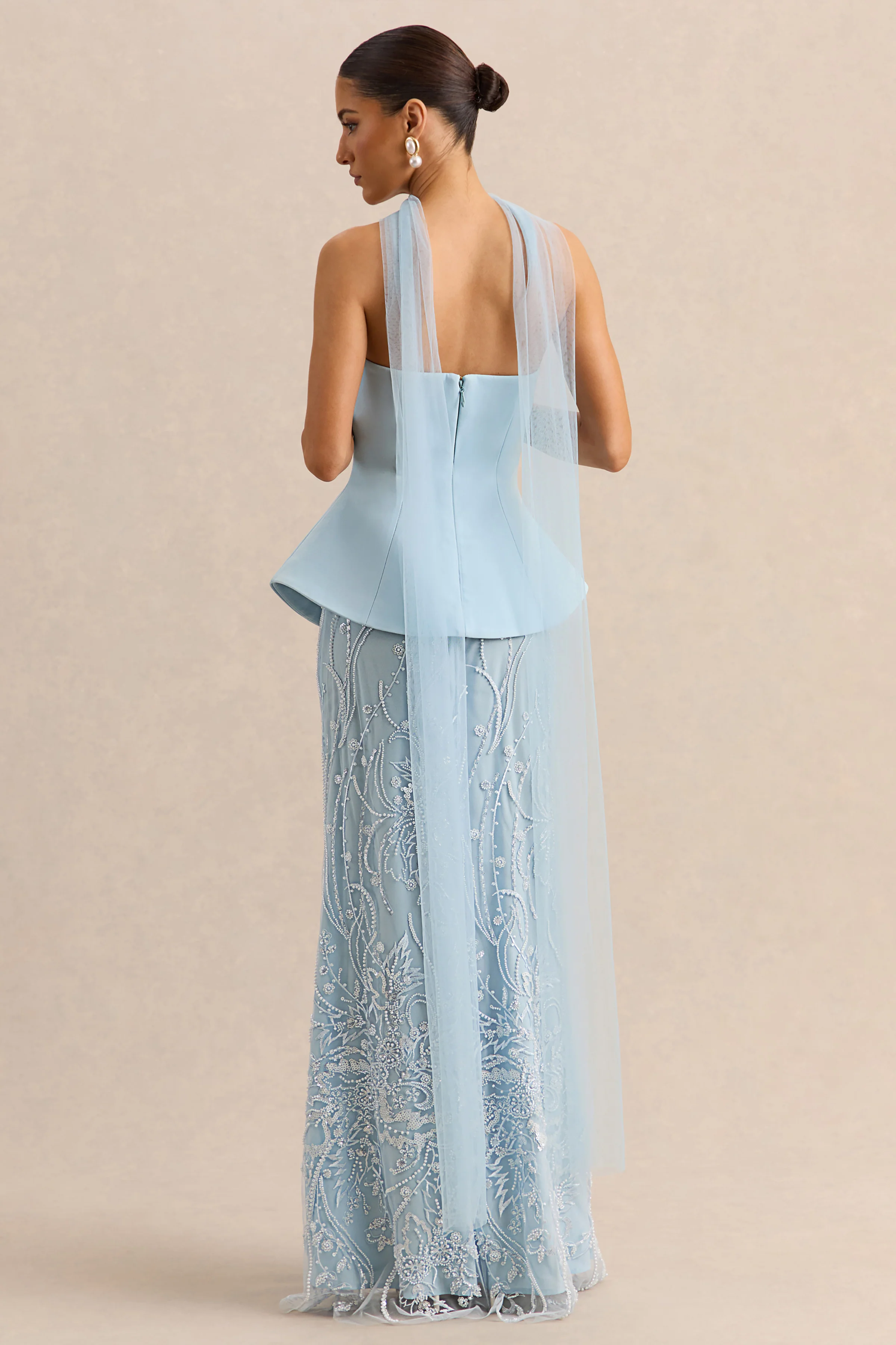 Lorna | Powder Blue Bandeau Maxi Dress With Scarf - Image 2