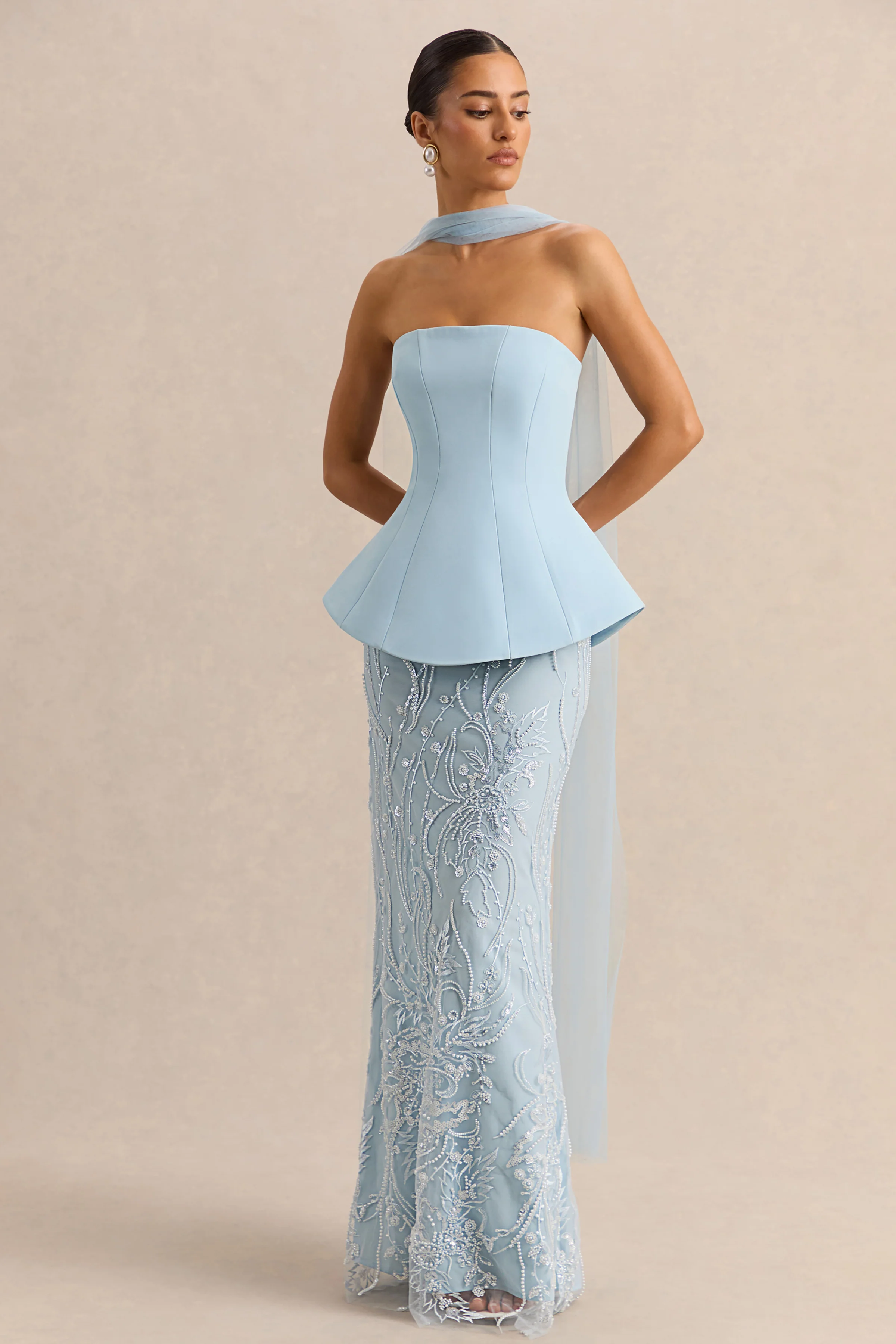 Lorna | Powder Blue Bandeau Maxi Dress With Scarf - Image 4