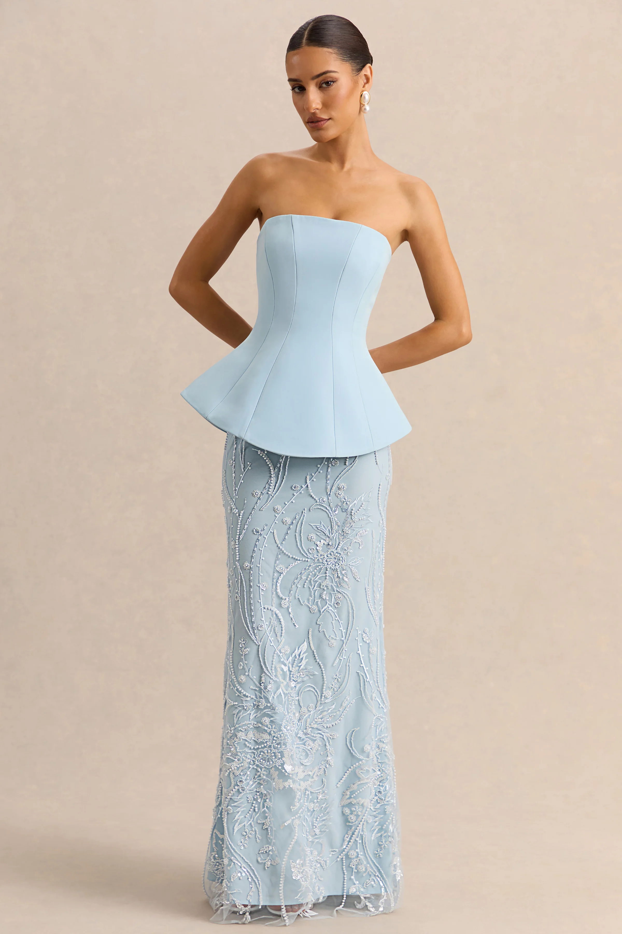 Lorna | Powder Blue Bandeau Maxi Dress With Scarf - Image 6
