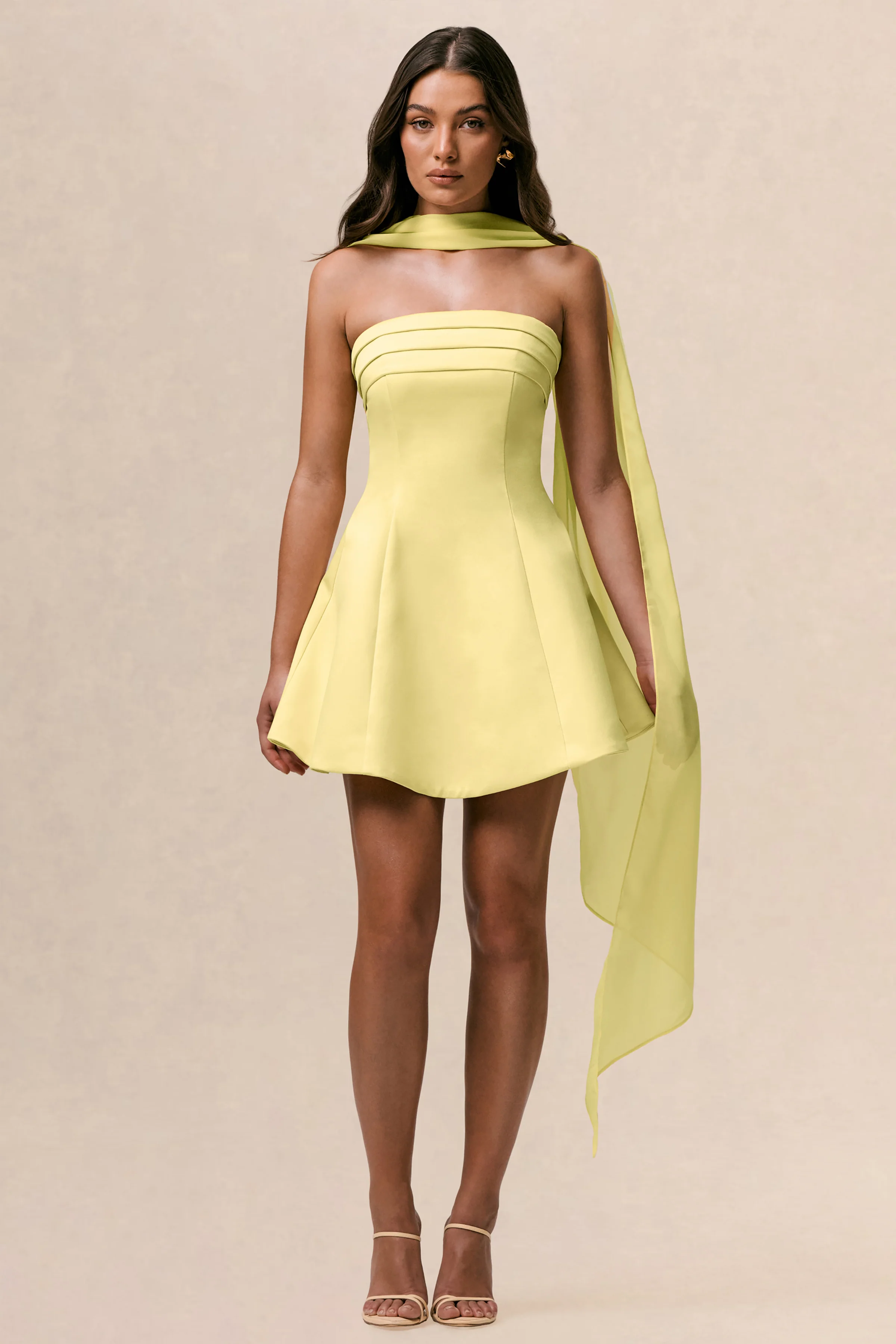 Love Me | Lemon Satin Skater Mini Dress With Chiffon Scarf - Image 4