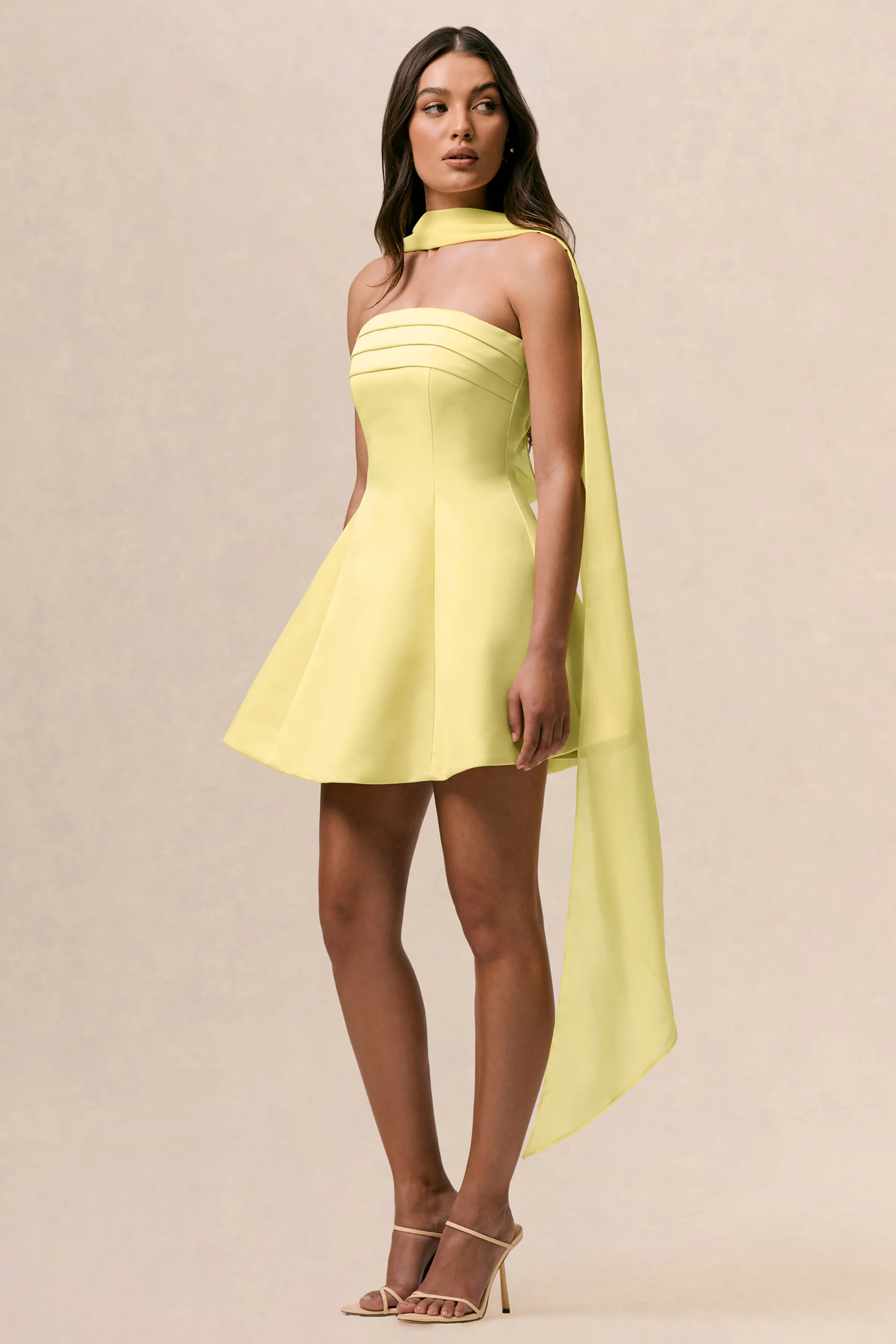 Love Me | Lemon Satin Skater Mini Dress With Chiffon Scarf - Image 5