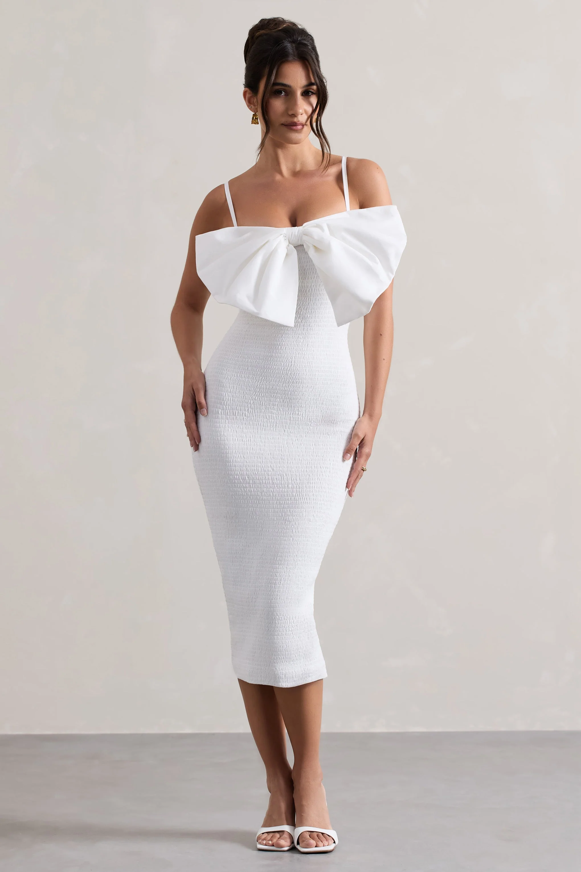 Love Poem | White Bodycon Midi Dress With Oversized Bow - Image 5