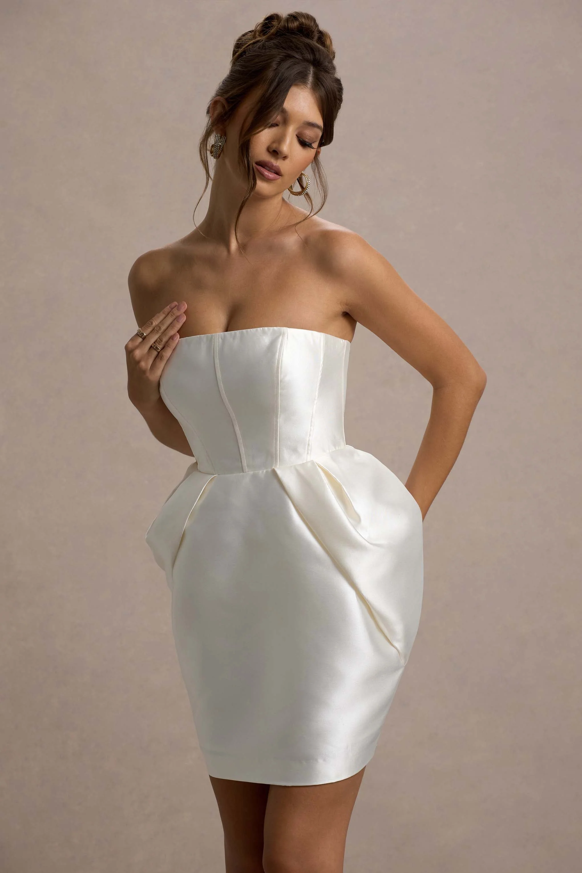Lovebug | Ivory Bandeau Mini Dress With Tulip Skirt - Image 3