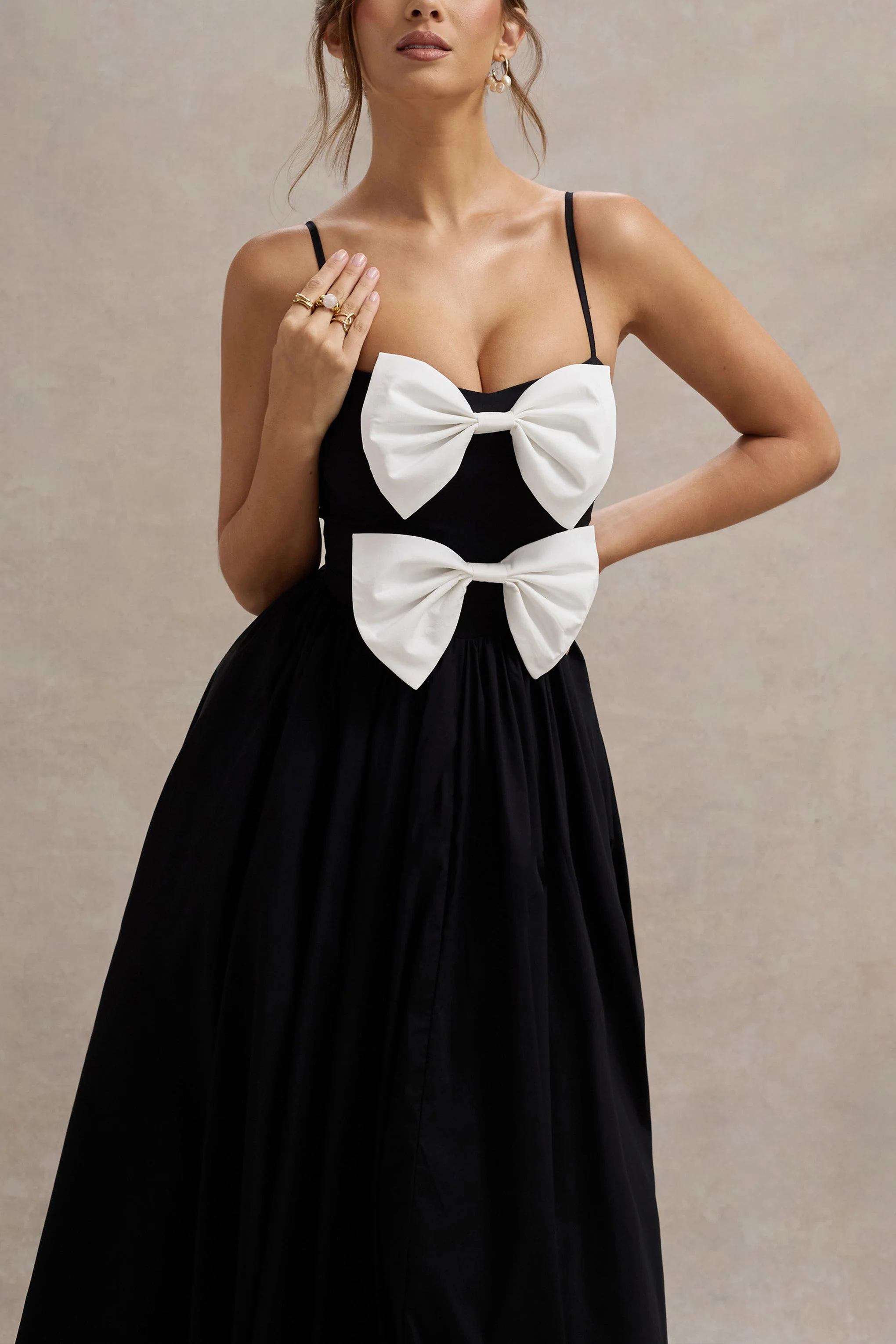 Loved Up | Black Strappy Pleated Maxi Dress With Bows - Image 3