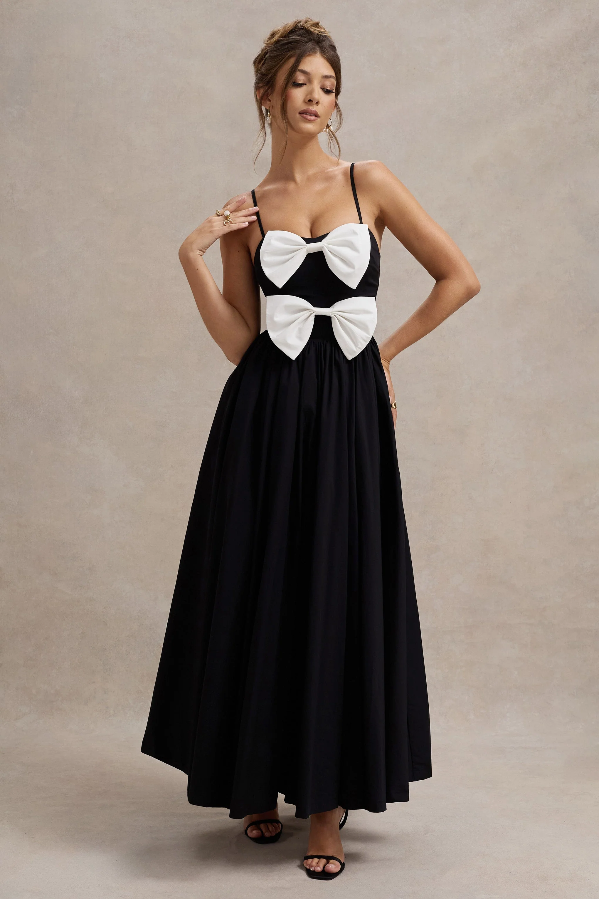 Loved Up | Black Strappy Pleated Maxi Dress With Bows - Image 4