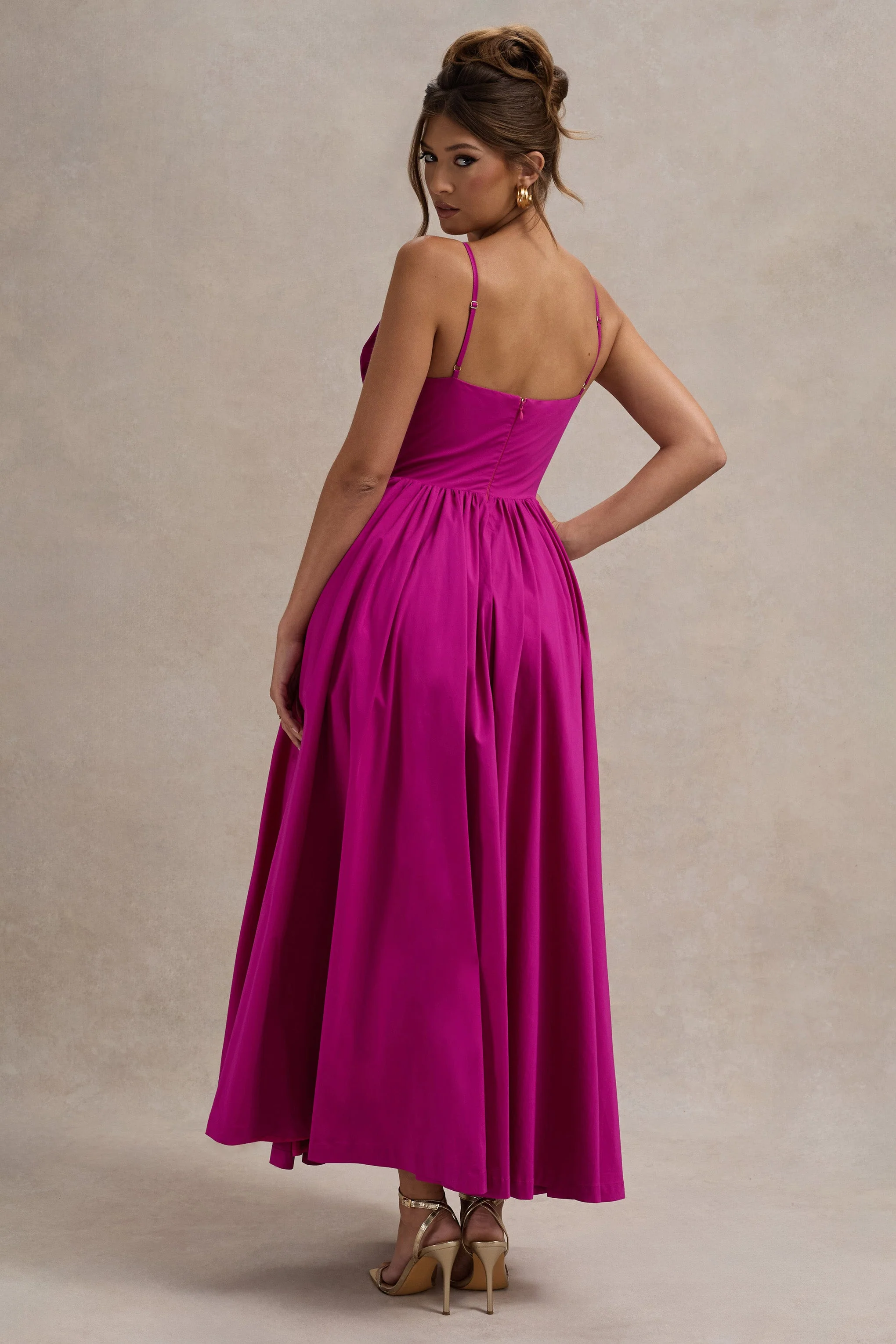 Loved Up | Fuschia Pink Strappy Pleated Maxi Dress With Bows - Image 2