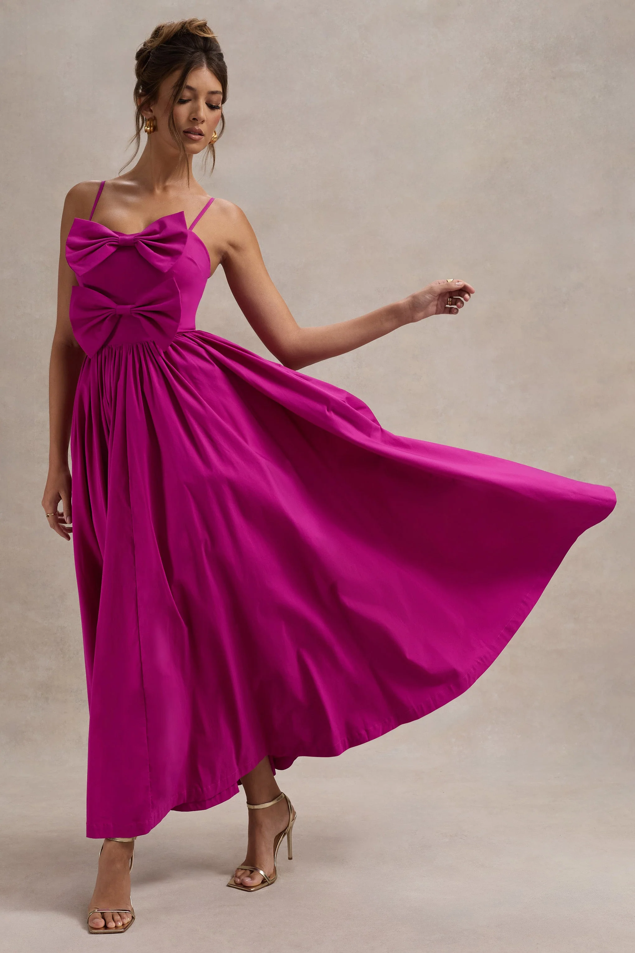 Loved Up | Fuschia Pink Strappy Pleated Maxi Dress With Bows - Image 3
