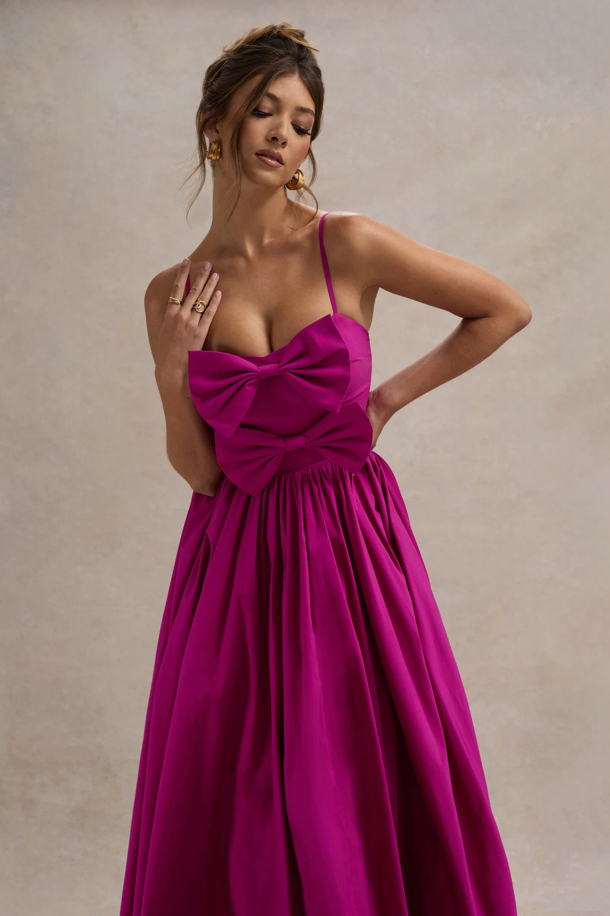 Loved Up | Fuschia Pink Strappy Pleated Maxi Dress With Bows - Image 4