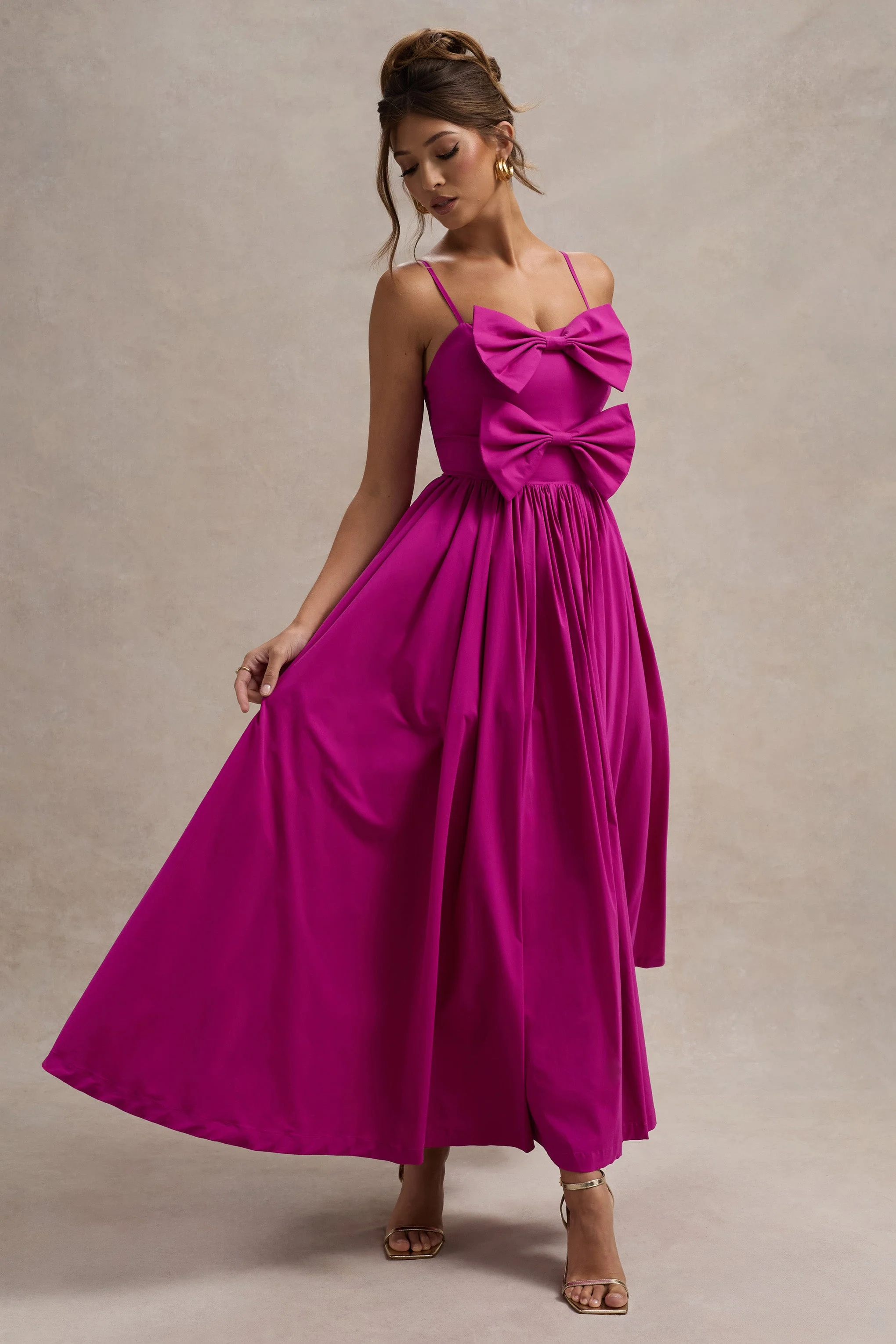 Loved Up | Fuschia Pink Strappy Pleated Maxi Dress With Bows - Image 5
