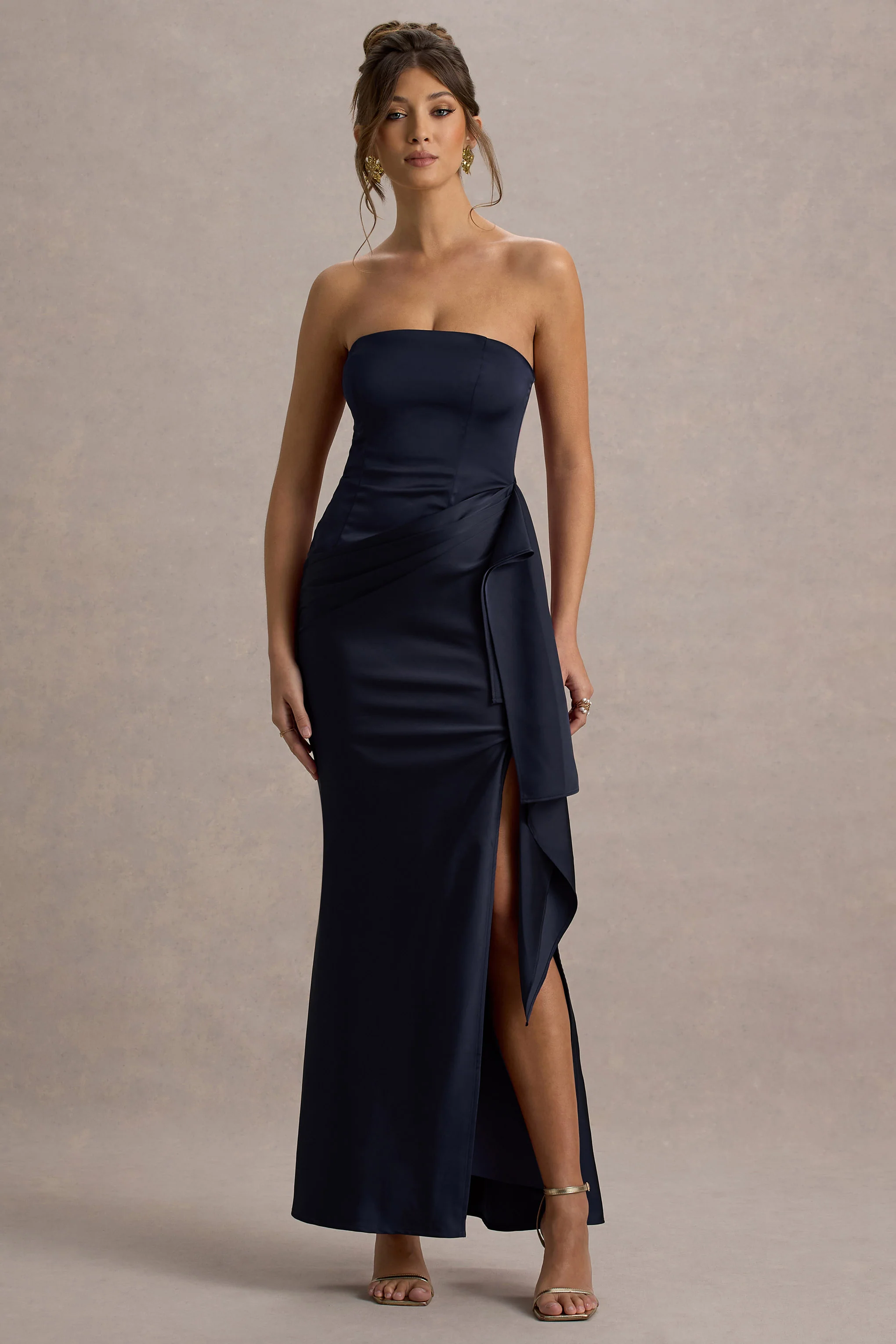 Loz | Navy Satin Bandeau Draped Maxi Dress - Image 4