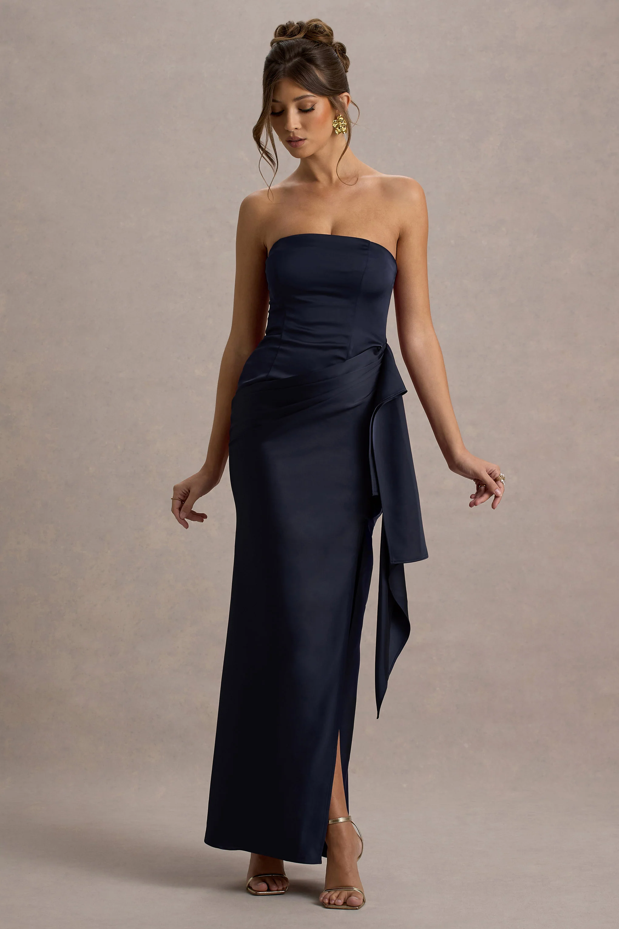 Loz | Navy Satin Bandeau Draped Maxi Dress - Image 5