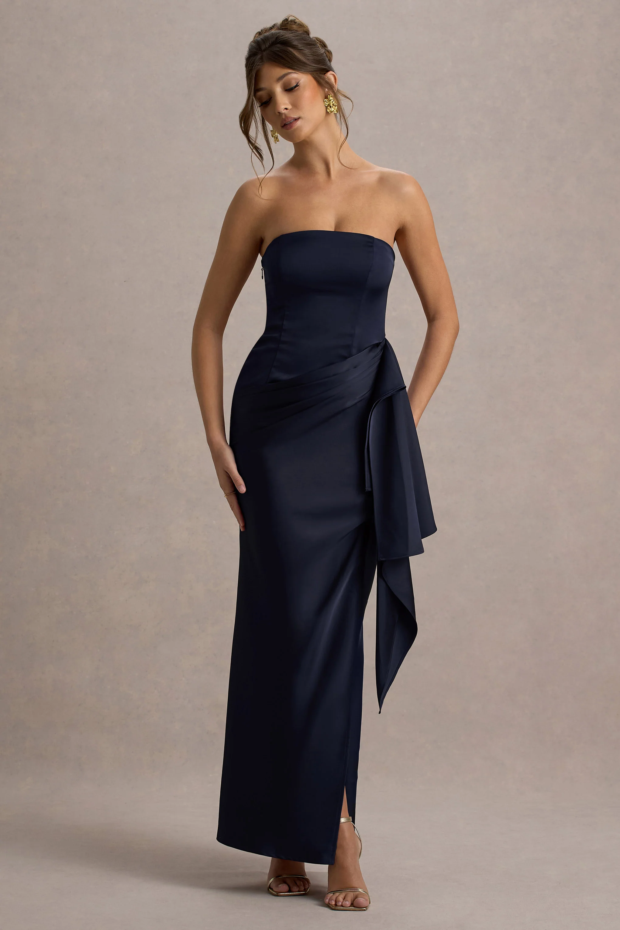 Loz | Navy Satin Bandeau Draped Maxi Dress - Image 6