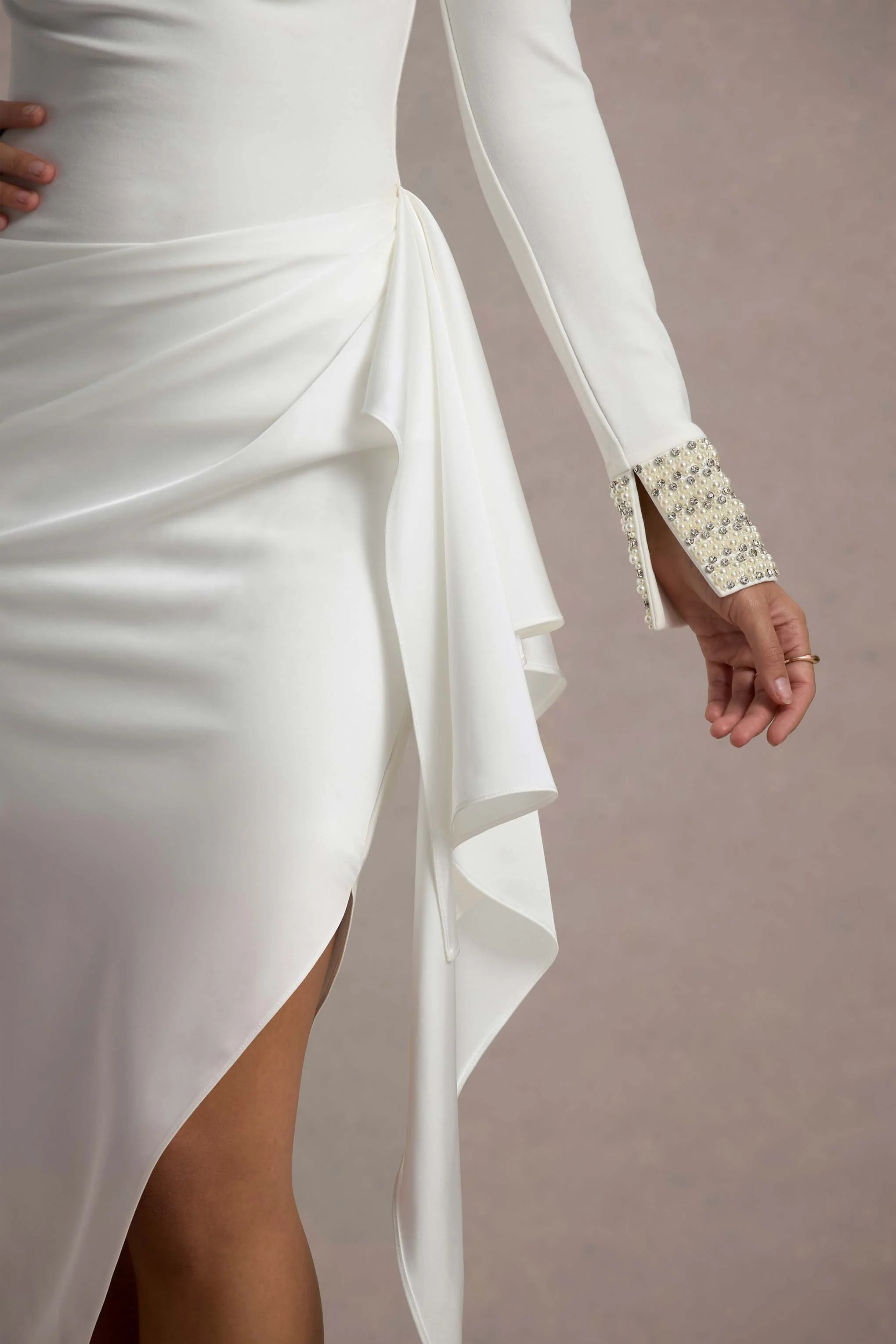 Luanna | Ecru Satin Long-Sleeve Midi Dress With Draped Skirt And Embellished Cuffs - Image 6