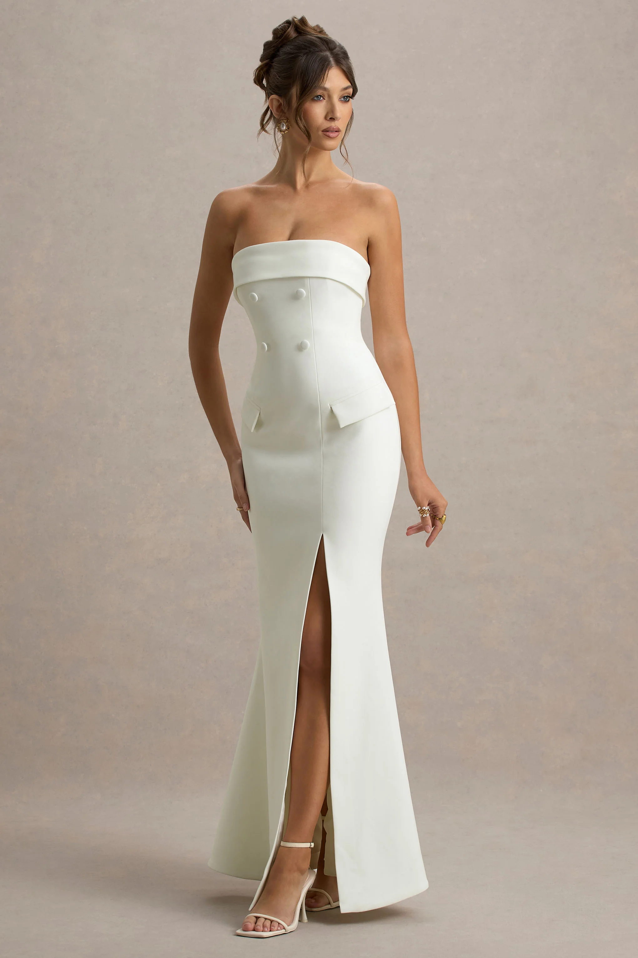 Lucia | Cream Bandeau Tailored Maxi Dress With Split - Image 6