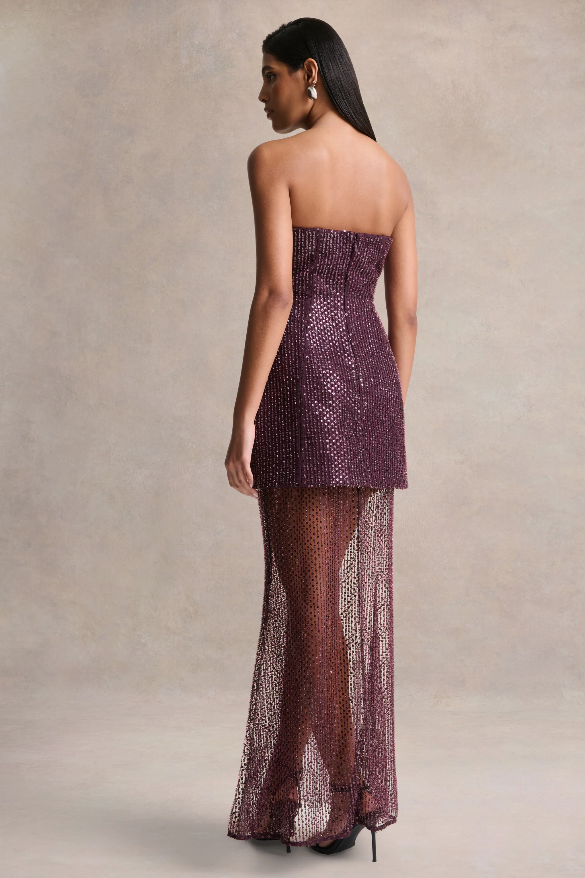 Luciana | Purple Sequin Embellished Bandeau Maxi Dress - Image 2