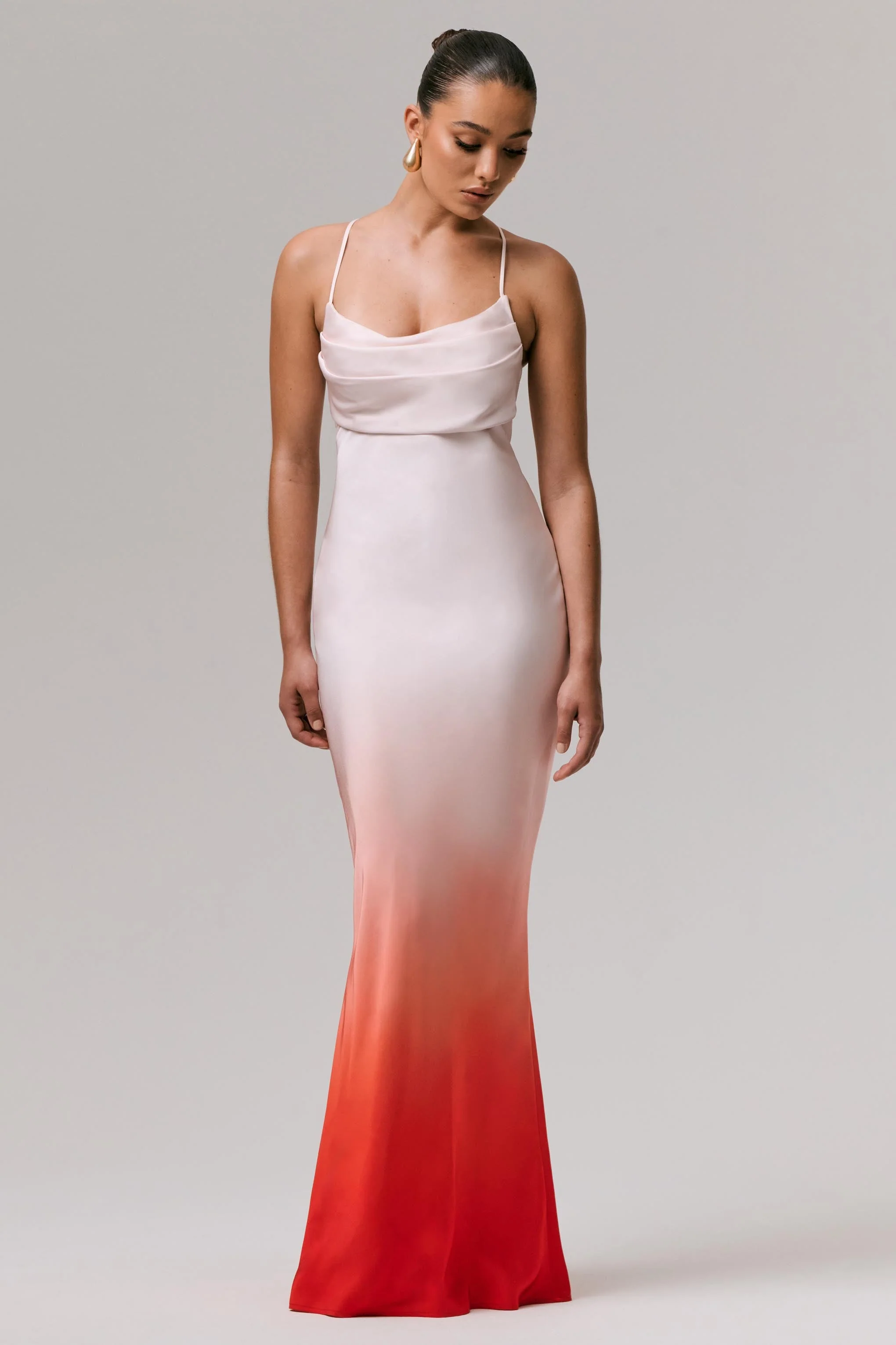Lucie | Red Ombre Satin Cowl-Neck Maxi Dress - Image 4