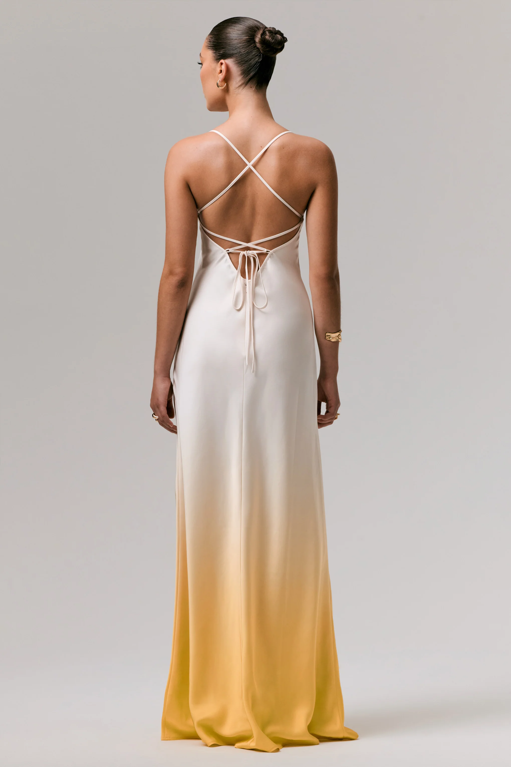 Lucie | Yellow Ombre Satin Cowl-Neck Maxi Dress - Image 2