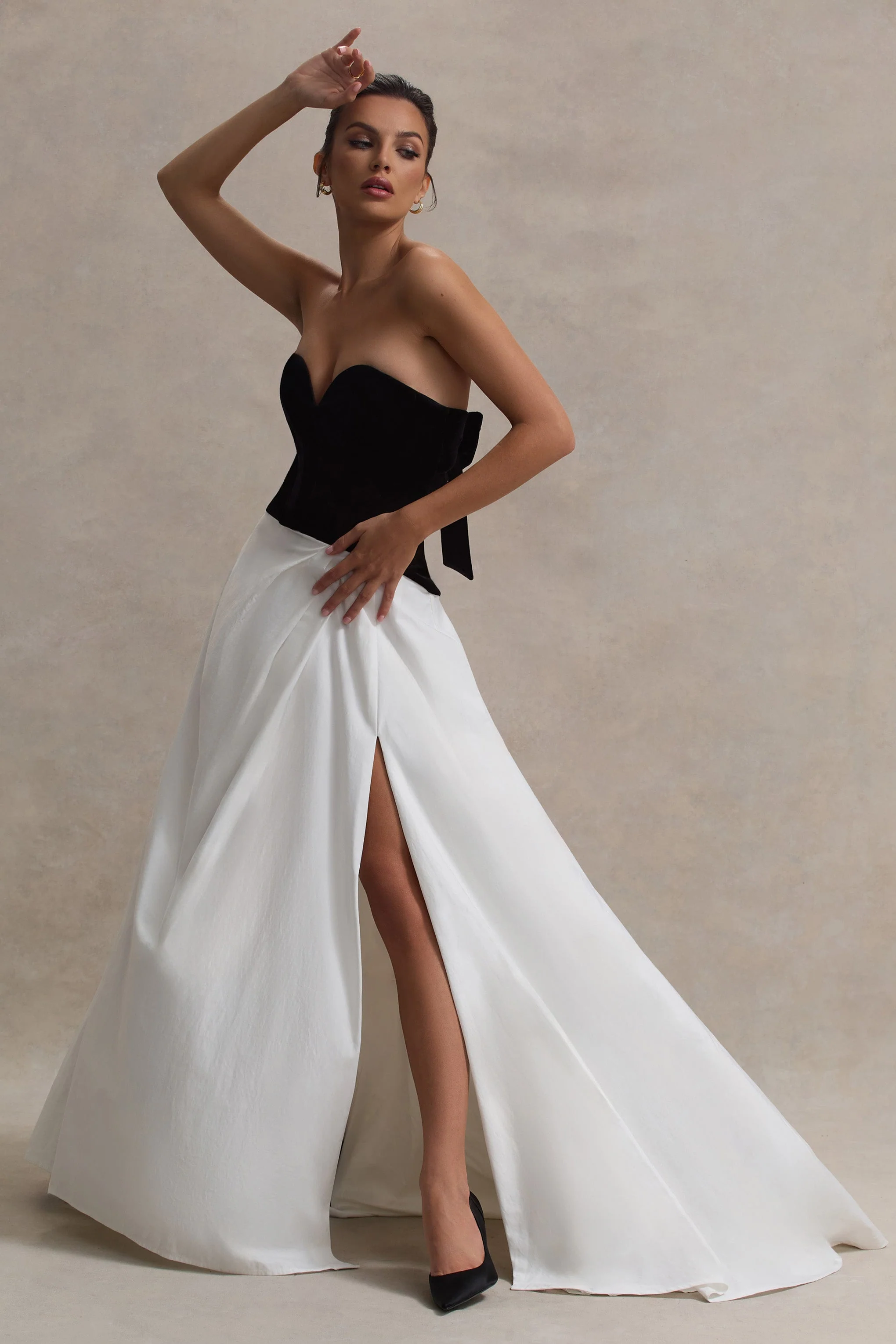 Lucienne | Black & Cream Sweetheart Corset Split Maxi Dress - Image 4