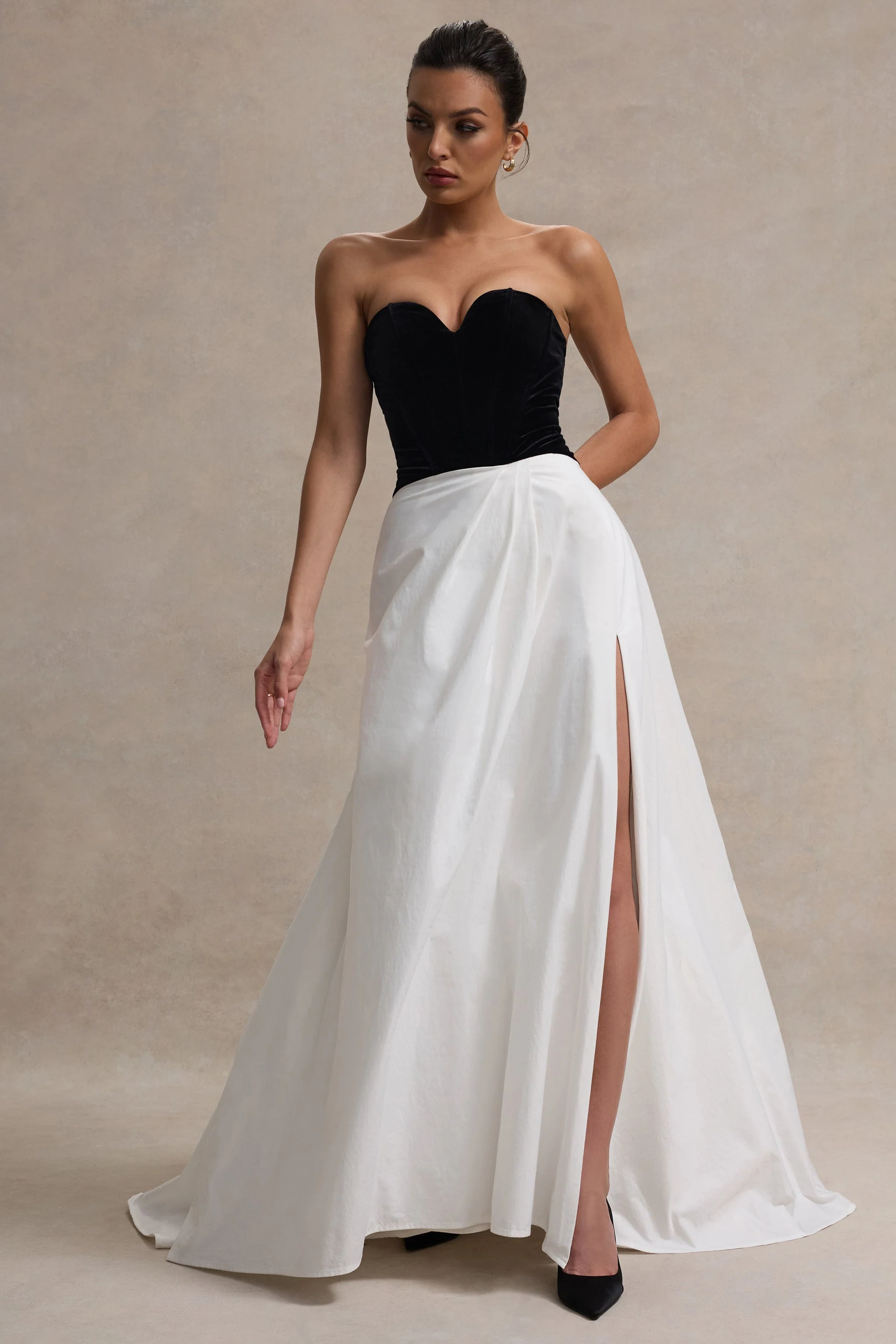 Lucienne | Black & Cream Sweetheart Corset Split Maxi Dress - Image 5