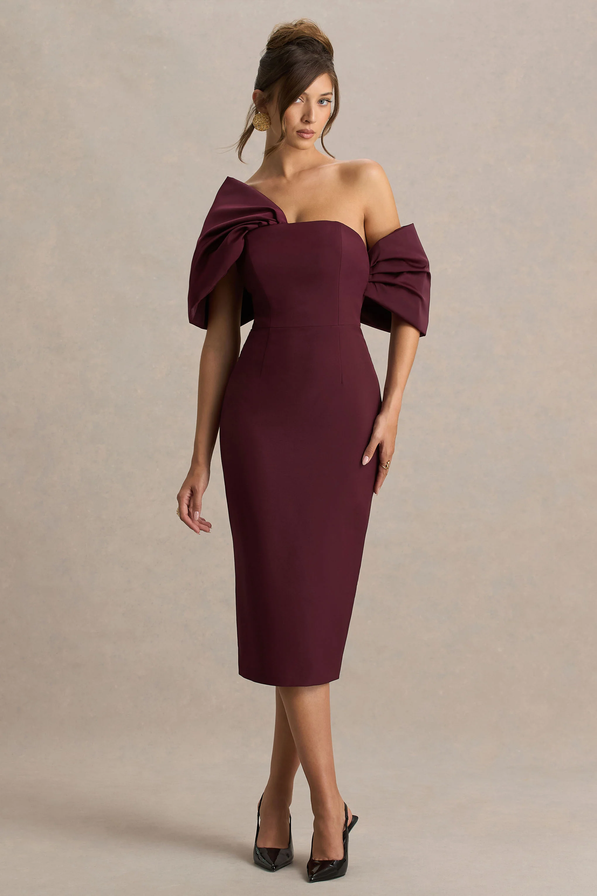 Lucille | Burgundy Asymmetric Bardot Midi Dress With Bow Detail - Image 2