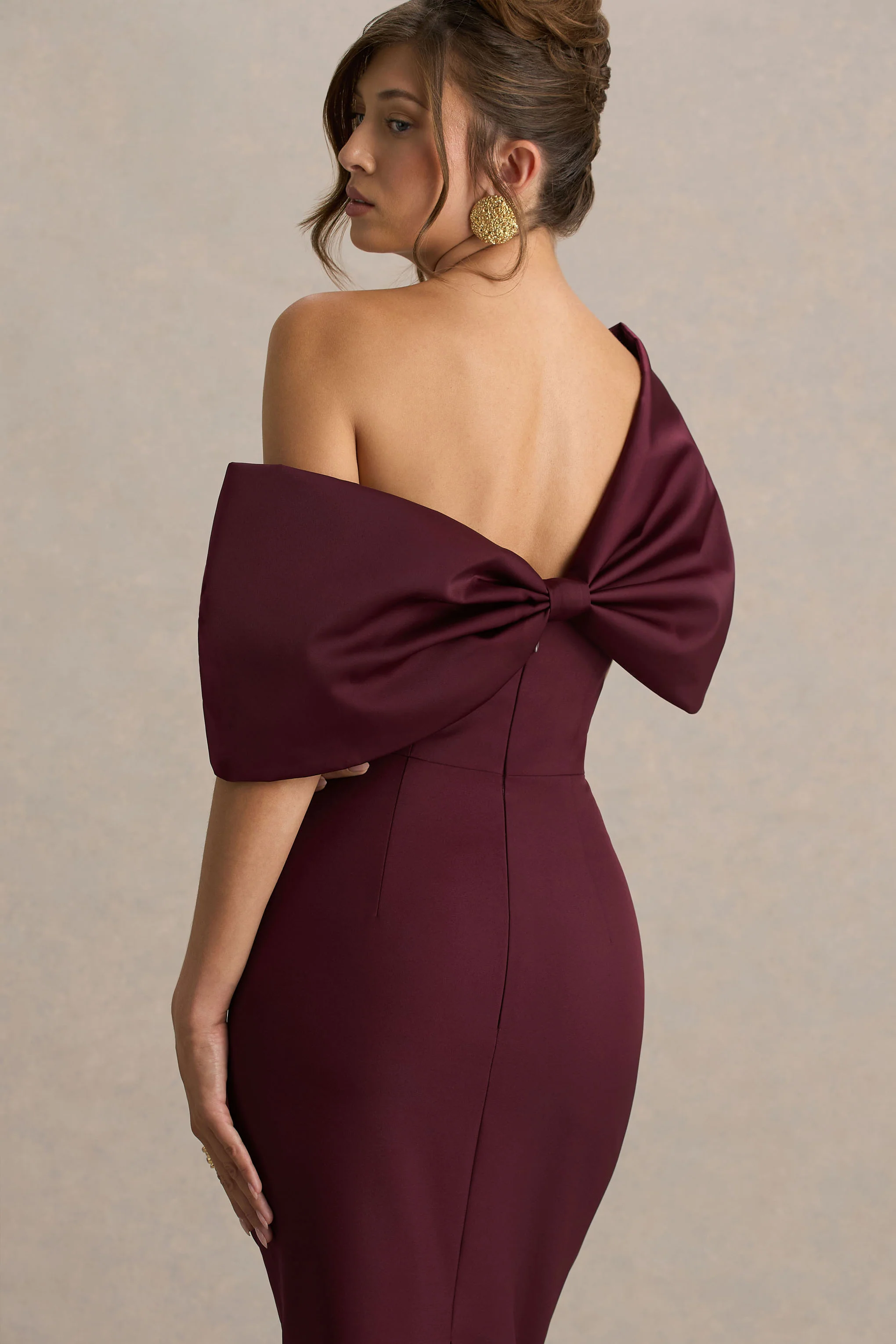 Lucille | Burgundy Asymmetric Bardot Midi Dress With Bow Detail - Image 3