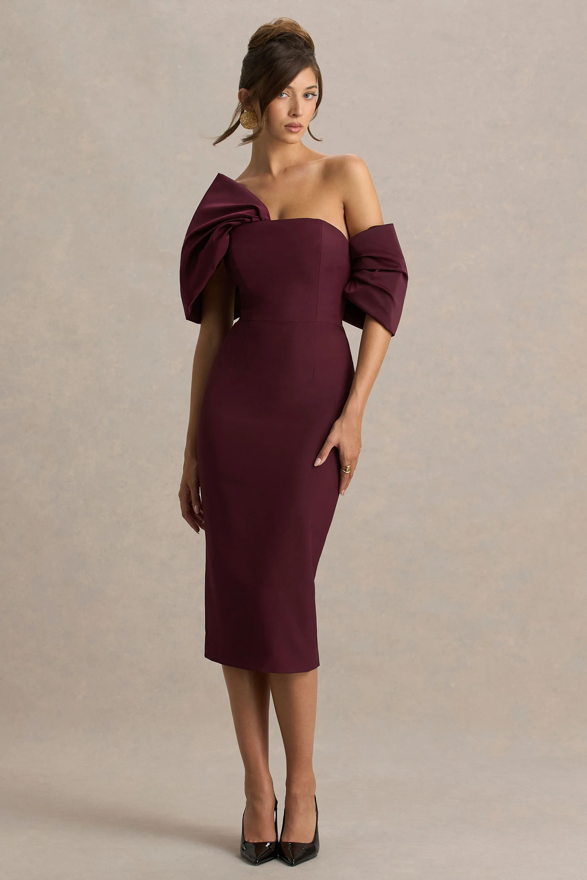 Lucille | Burgundy Asymmetric Bardot Midi Dress With Bow Detail - Image 4