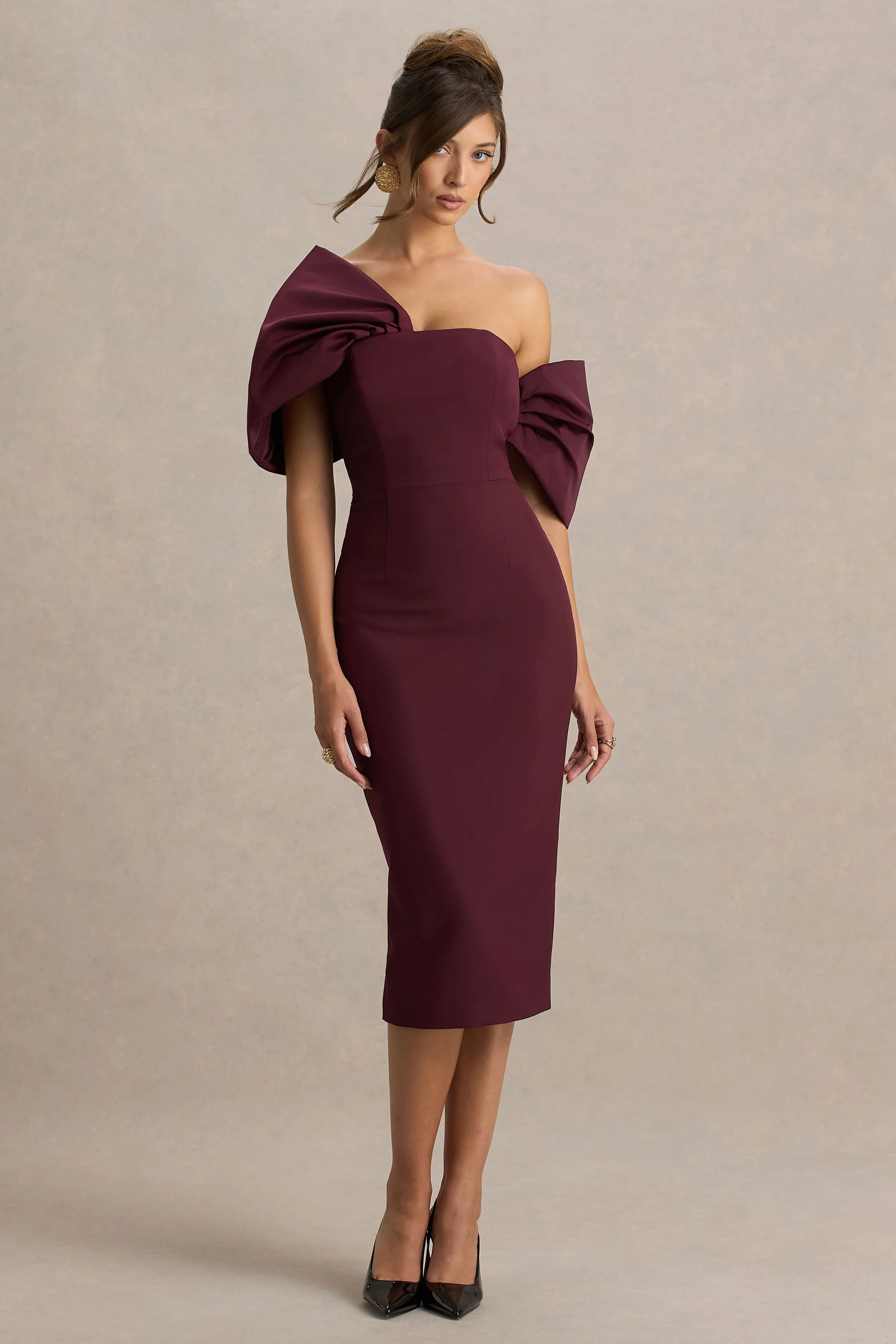 Lucille | Burgundy Asymmetric Bardot Midi Dress With Bow Detail - Image 5