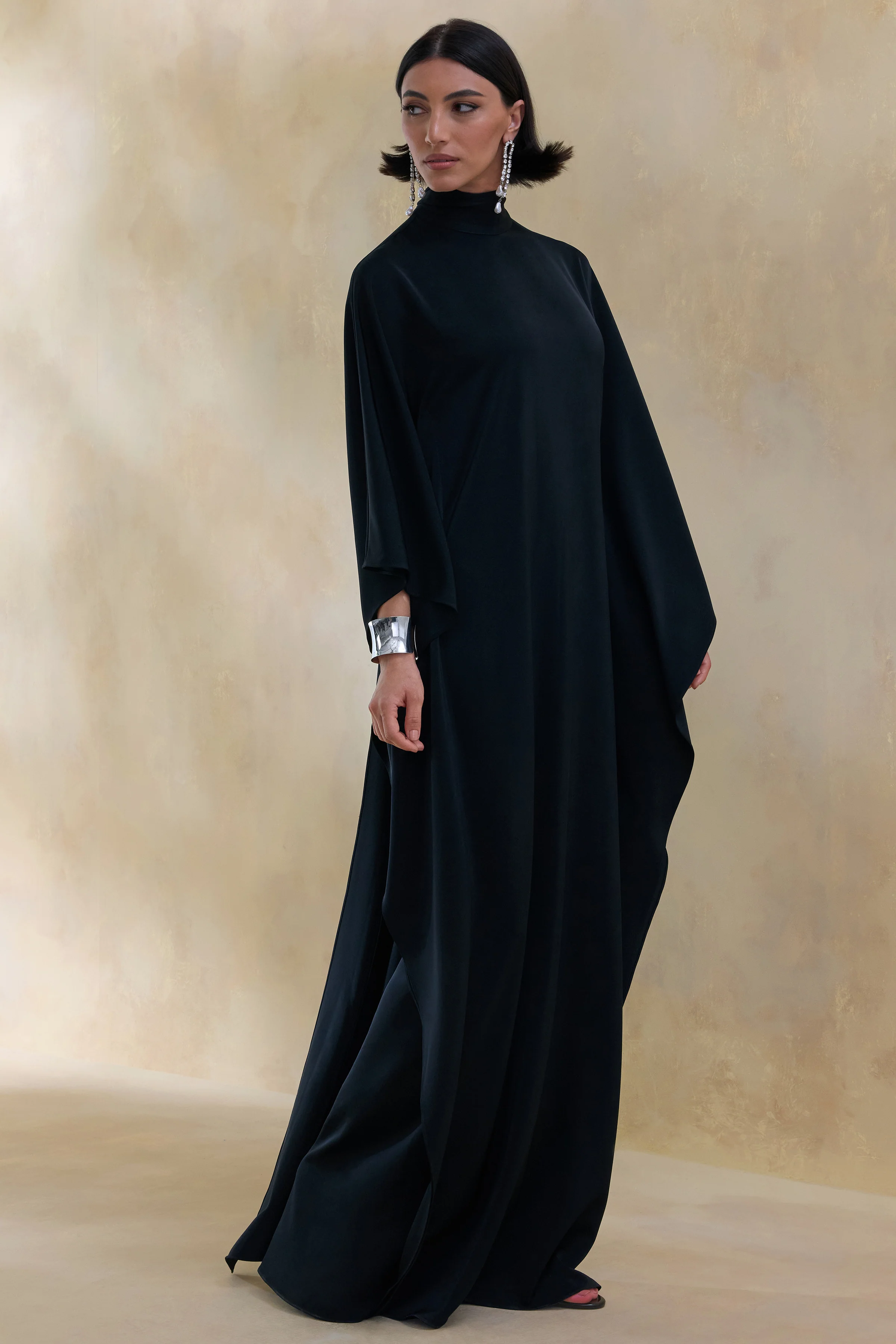 Lumisette | Black Satin High-Neck Maxi Dress With Cape - Image 6