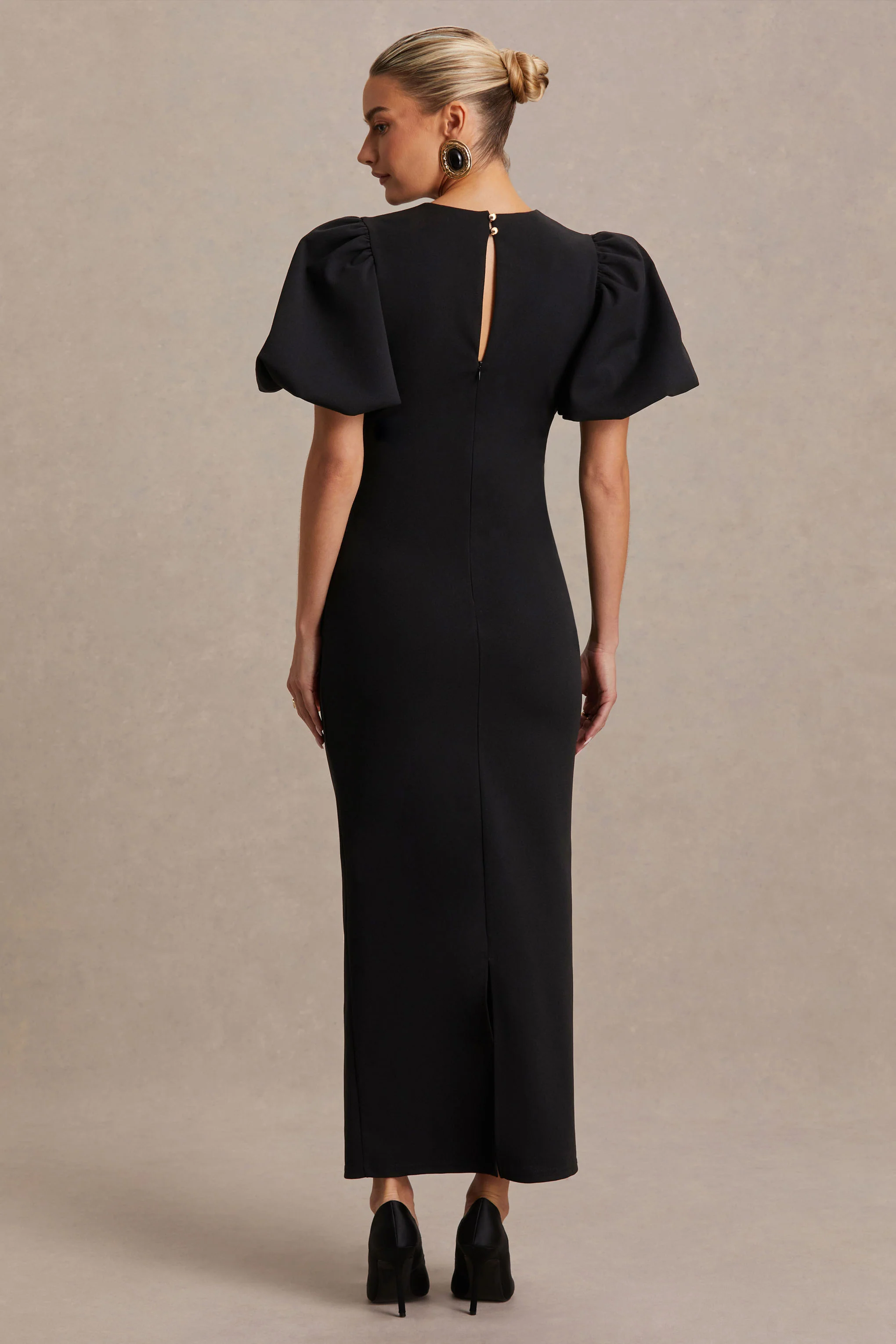 Luna | Black Crew-Neck Maternity Midi Dress With Puff-Sleeves - Image 2