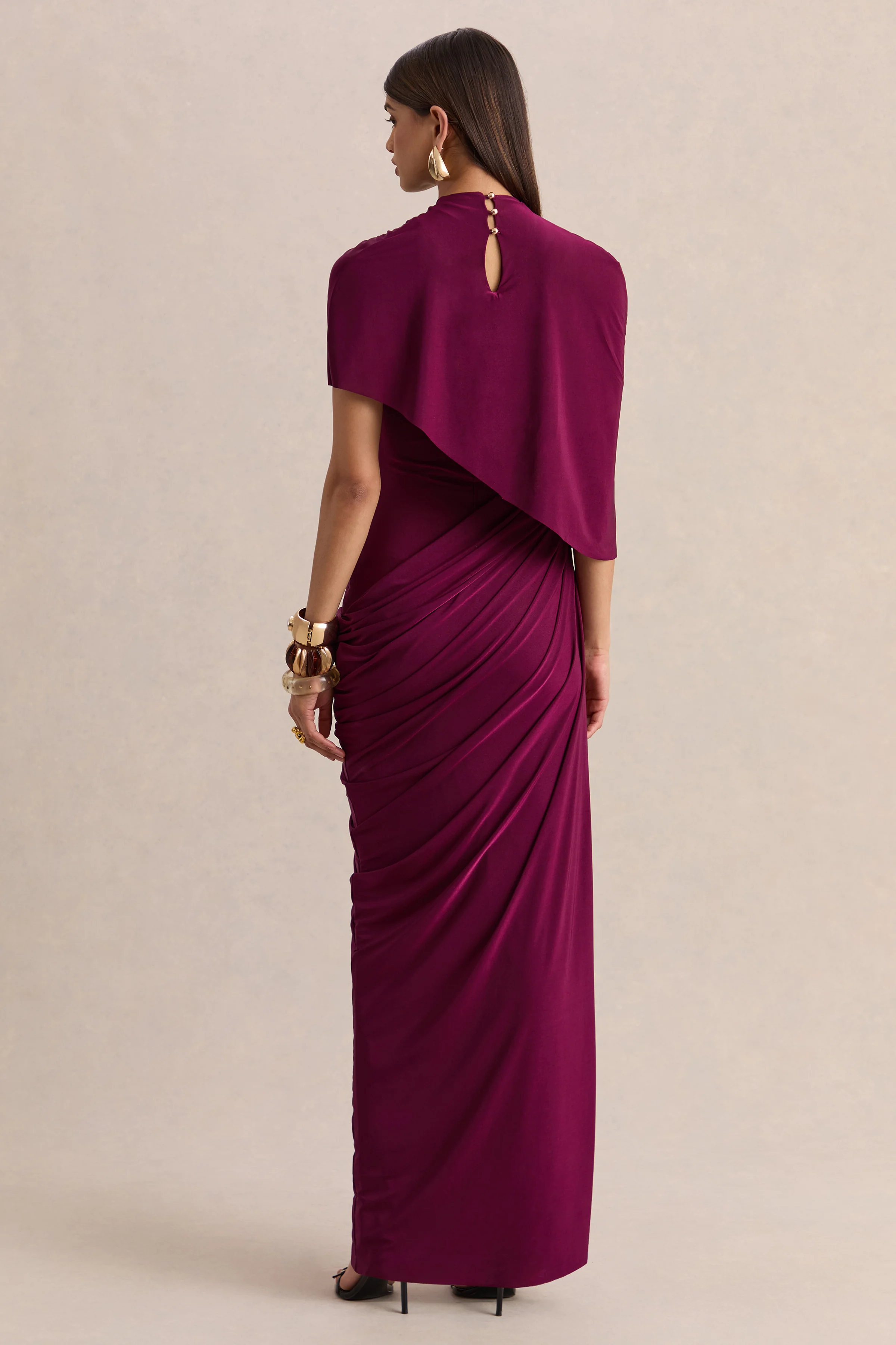 Lunaline | Burgundy High-Neck Maxi Dress With Asymmetric Cape And Draped-Detailing - Image 2