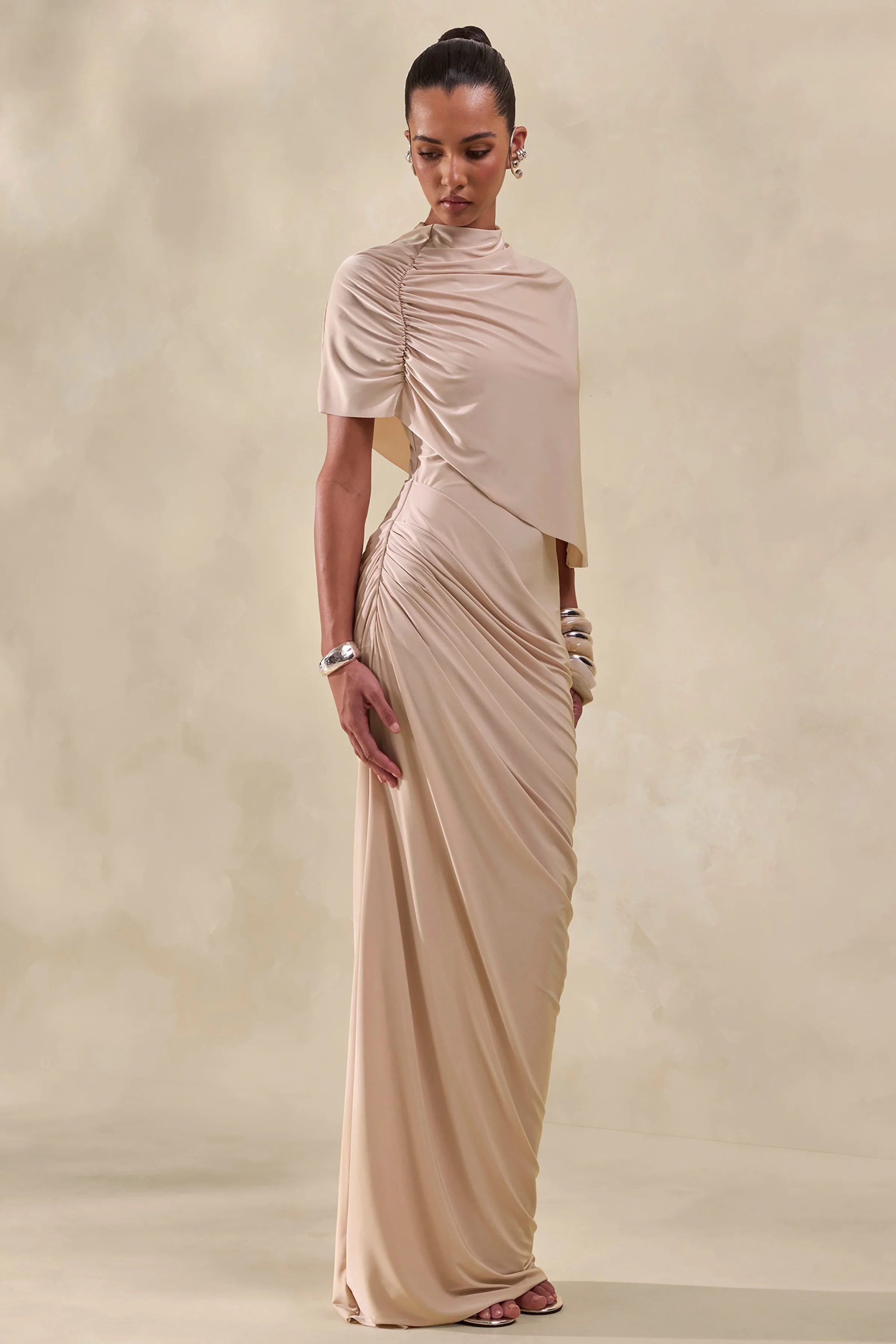 Lunaline | Champagne High-Neck Maxi Dress With Asymmetric Cape And Draped-Detailing