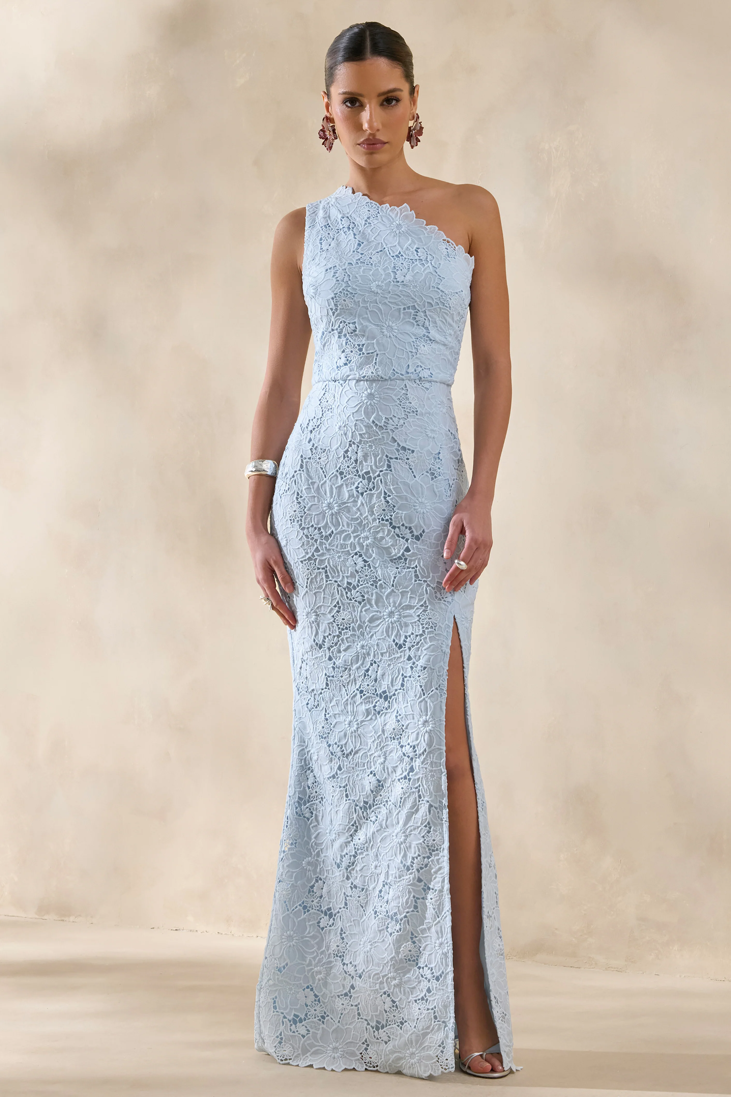 Lunia | Powder Blue Broderie Asymmetric-Neck Maxi Dress