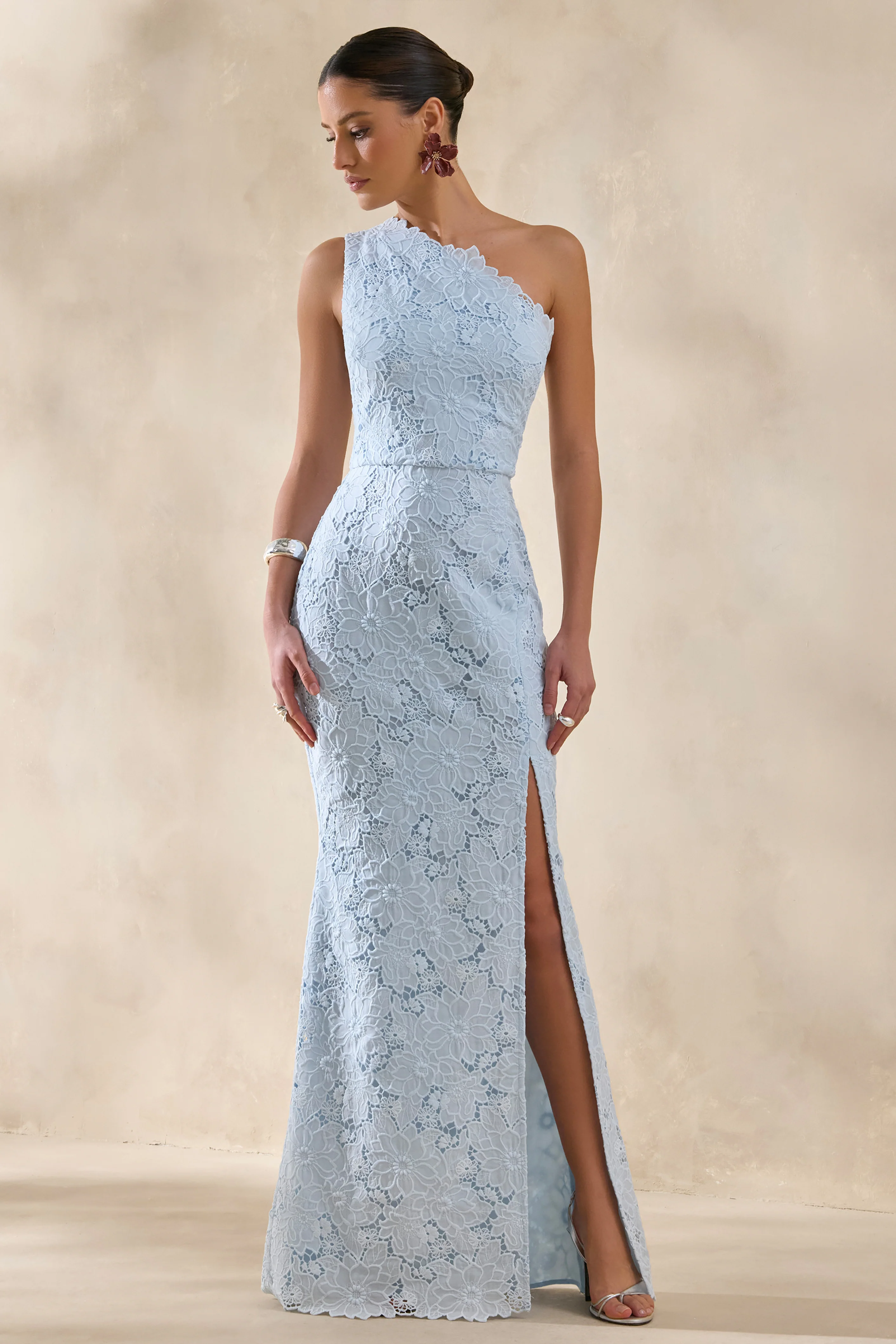 Lunia | Powder Blue Broderie Asymmetric-Neck Maxi Dress - Image 4
