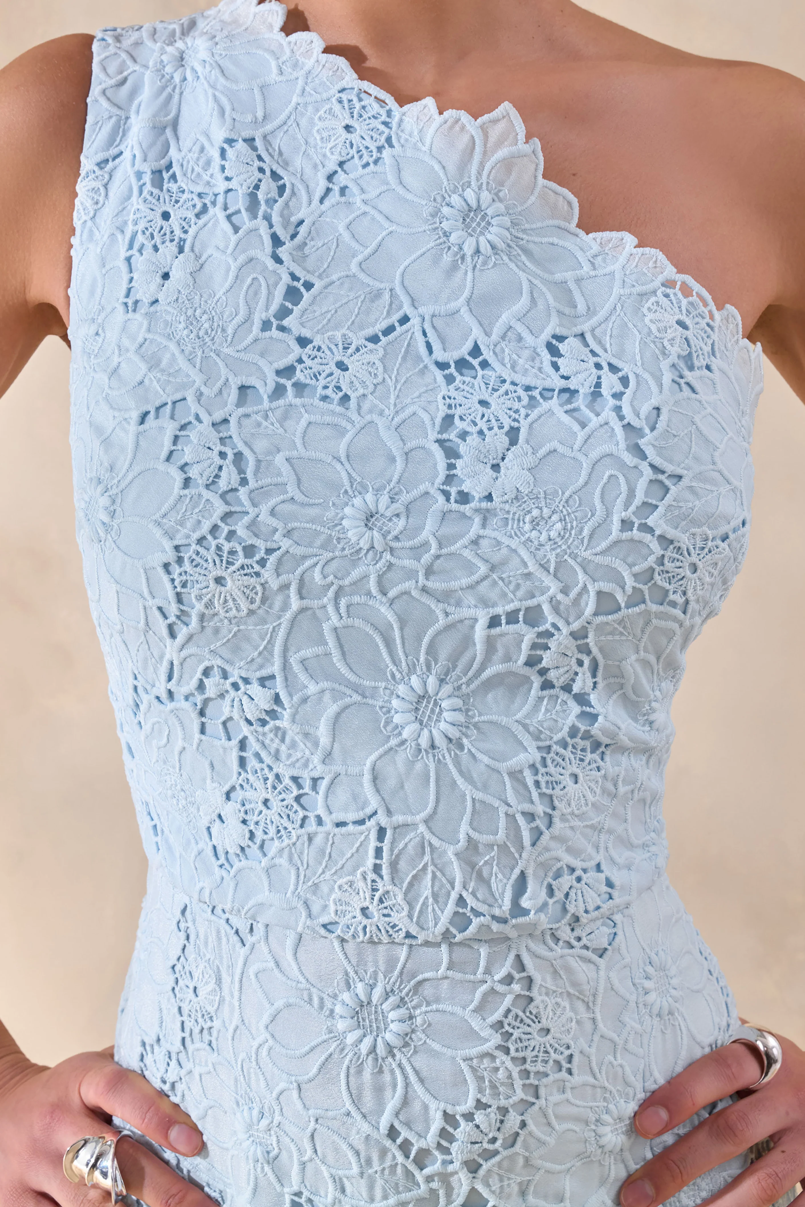 Lunia | Powder Blue Broderie Asymmetric-Neck Maxi Dress - Image 6