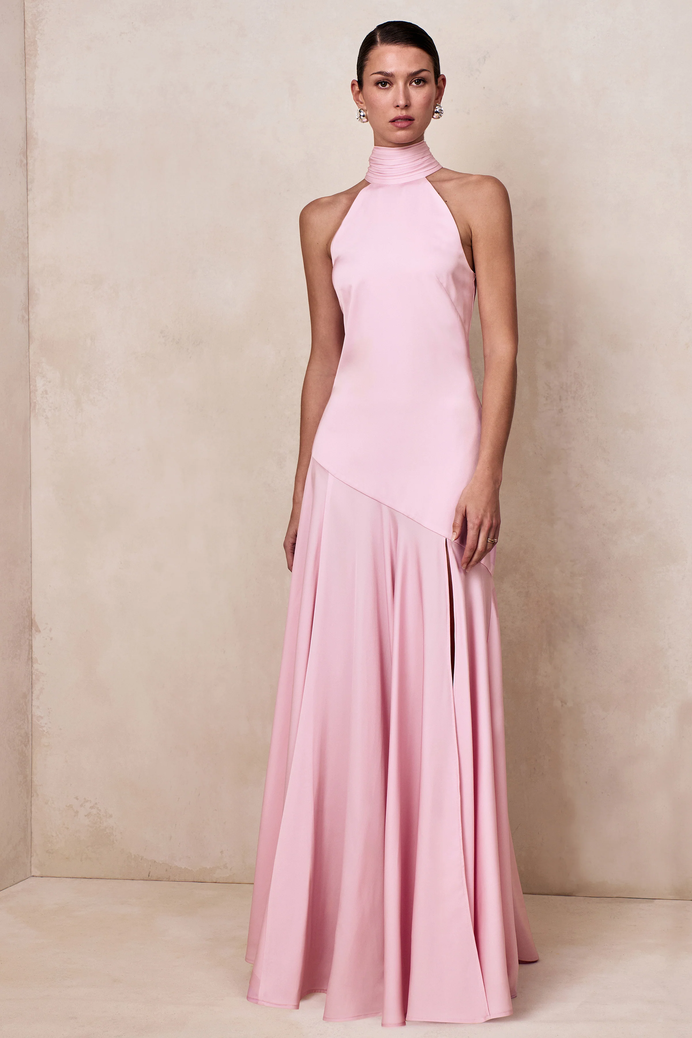 Luscious | Light Pink High-Neck Maxi Dress With Drop-Waist And Bow Detail - Image 6