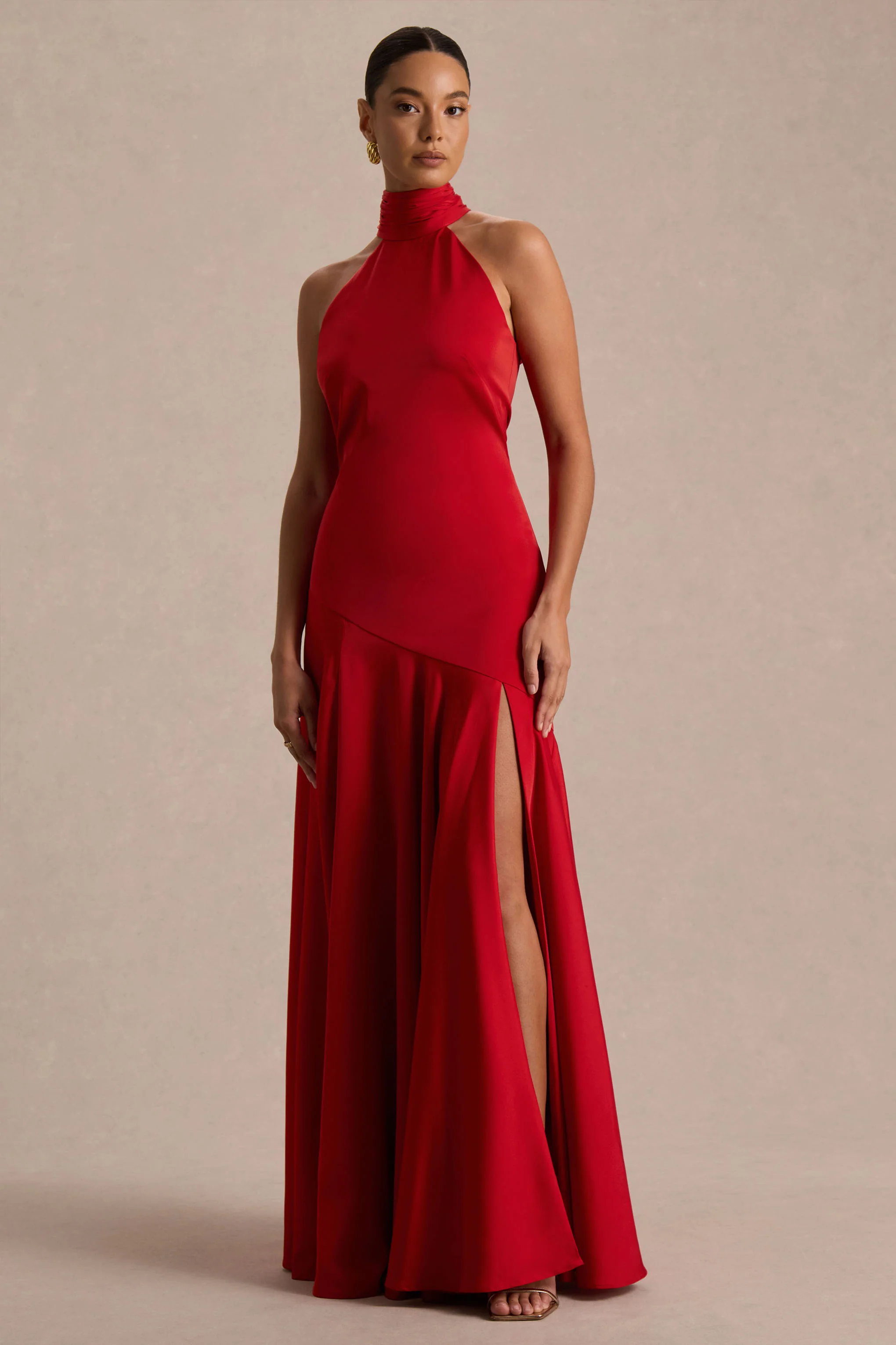 Luscious | Red High-Neck Maxi Dress With Drop-Waist And Bow Detail - Image 2
