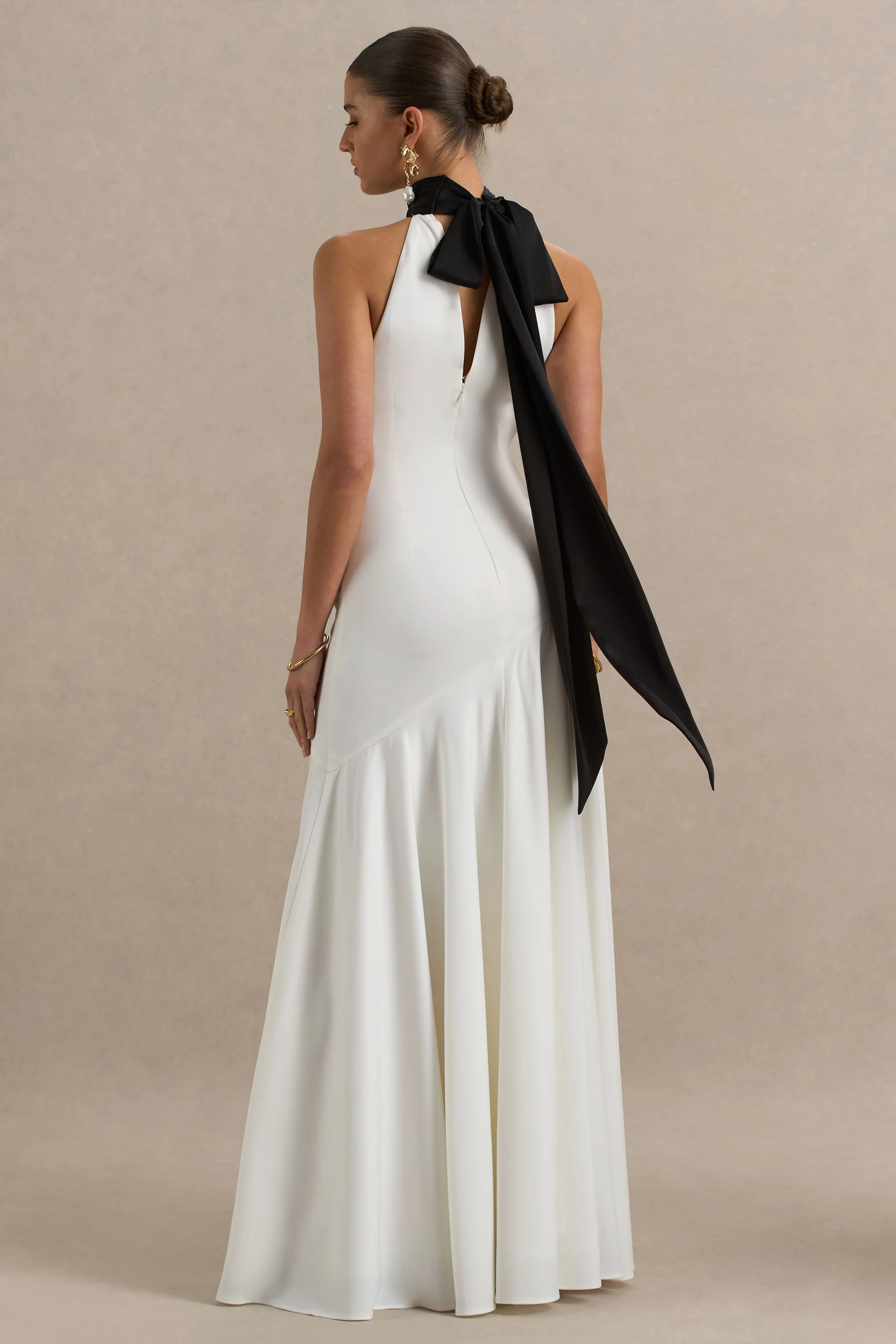 Luscious | White And Black High-Neck Maxi Dress With Drop-Waist And Bow Detail - Image 2