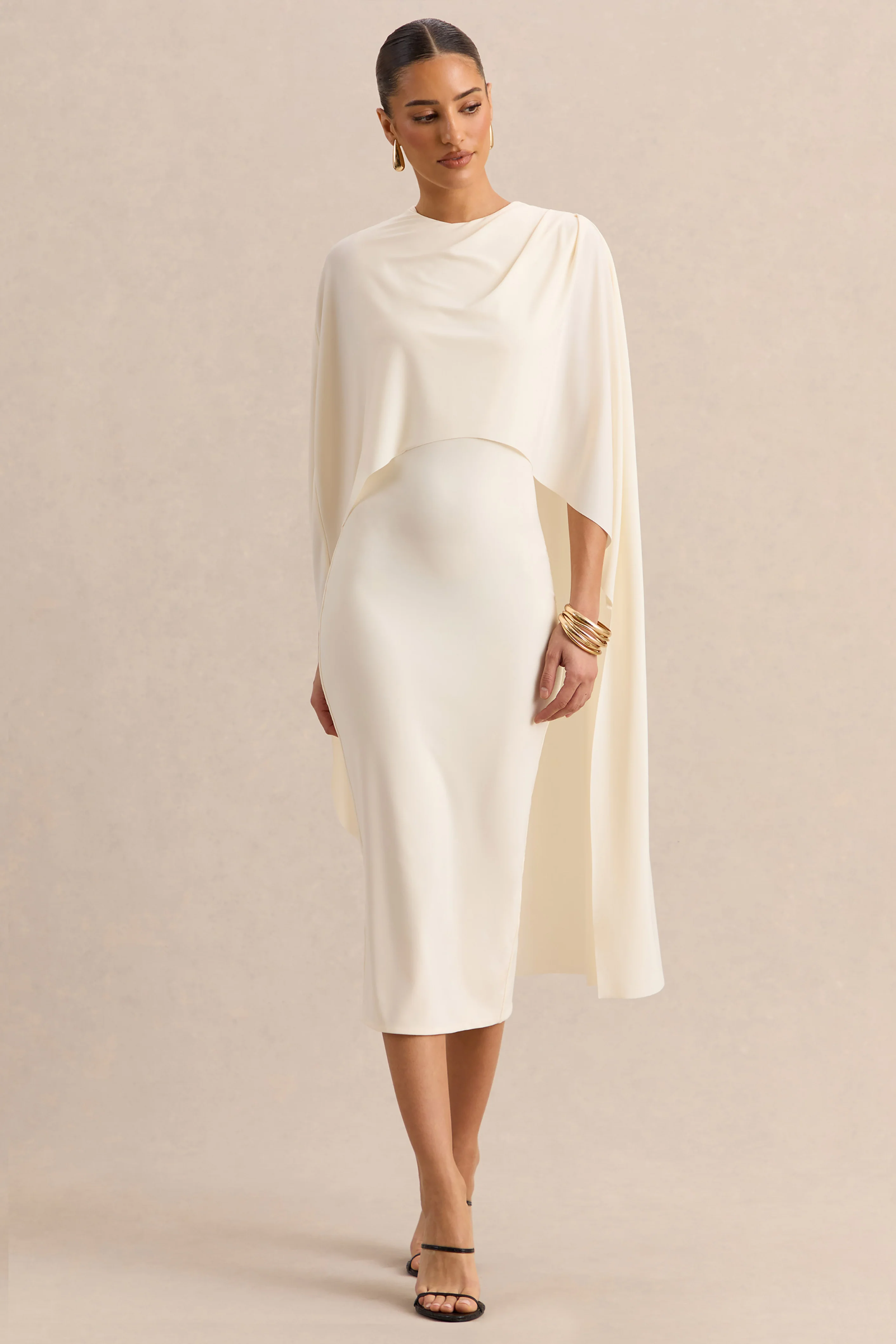 Luxalyn | Cream Round-Neck Midi Dress With Cape-Detail