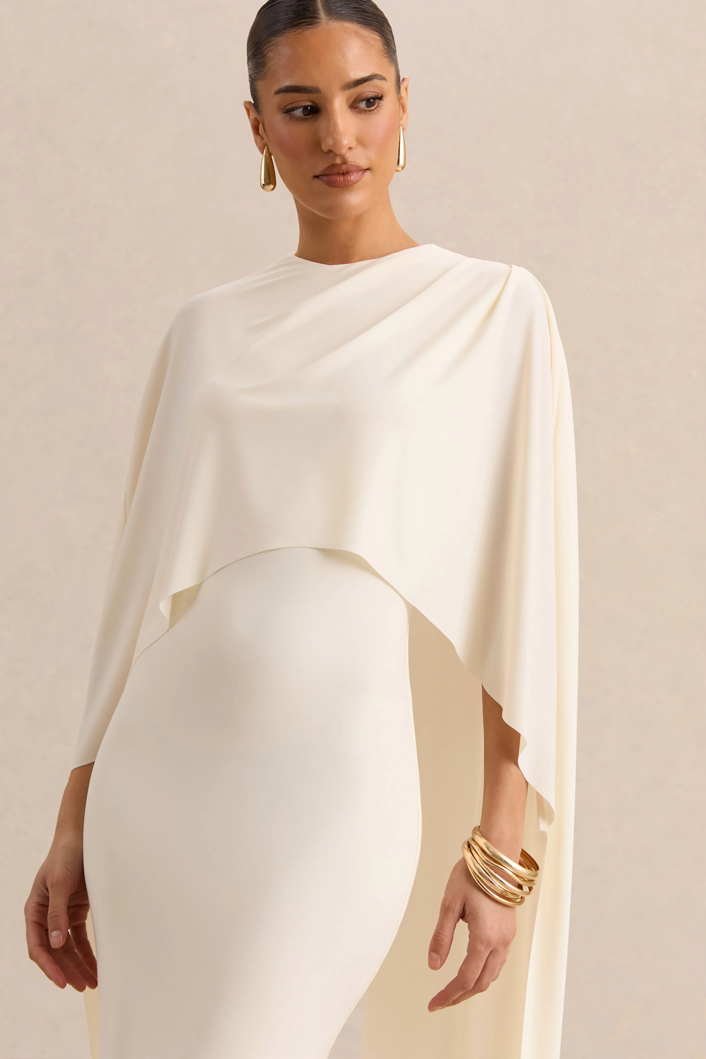 Luxalyn | Cream Round-Neck Midi Dress With Cape-Detail - Image 3