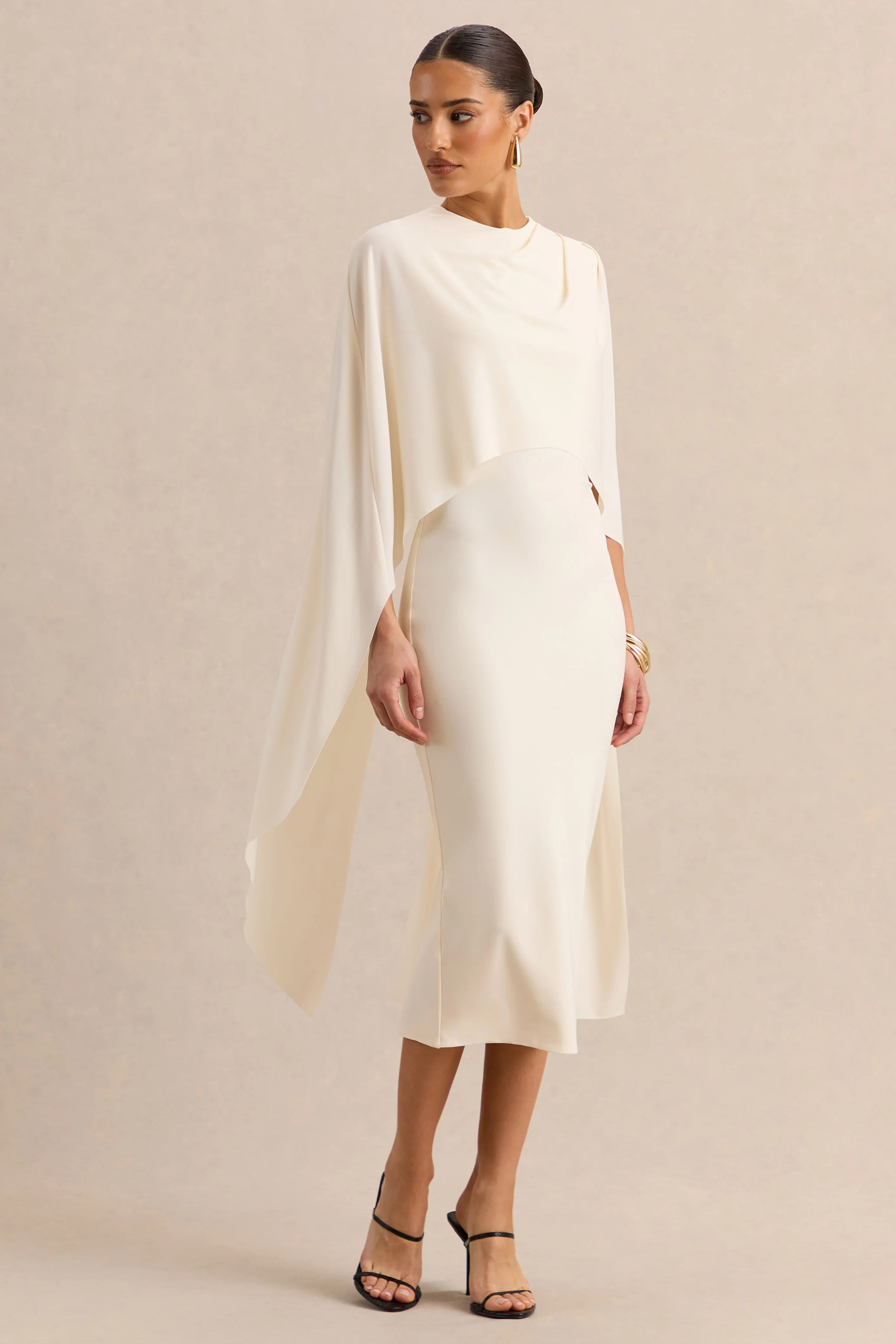 Luxalyn | Cream Round-Neck Midi Dress With Cape-Detail - Image 4