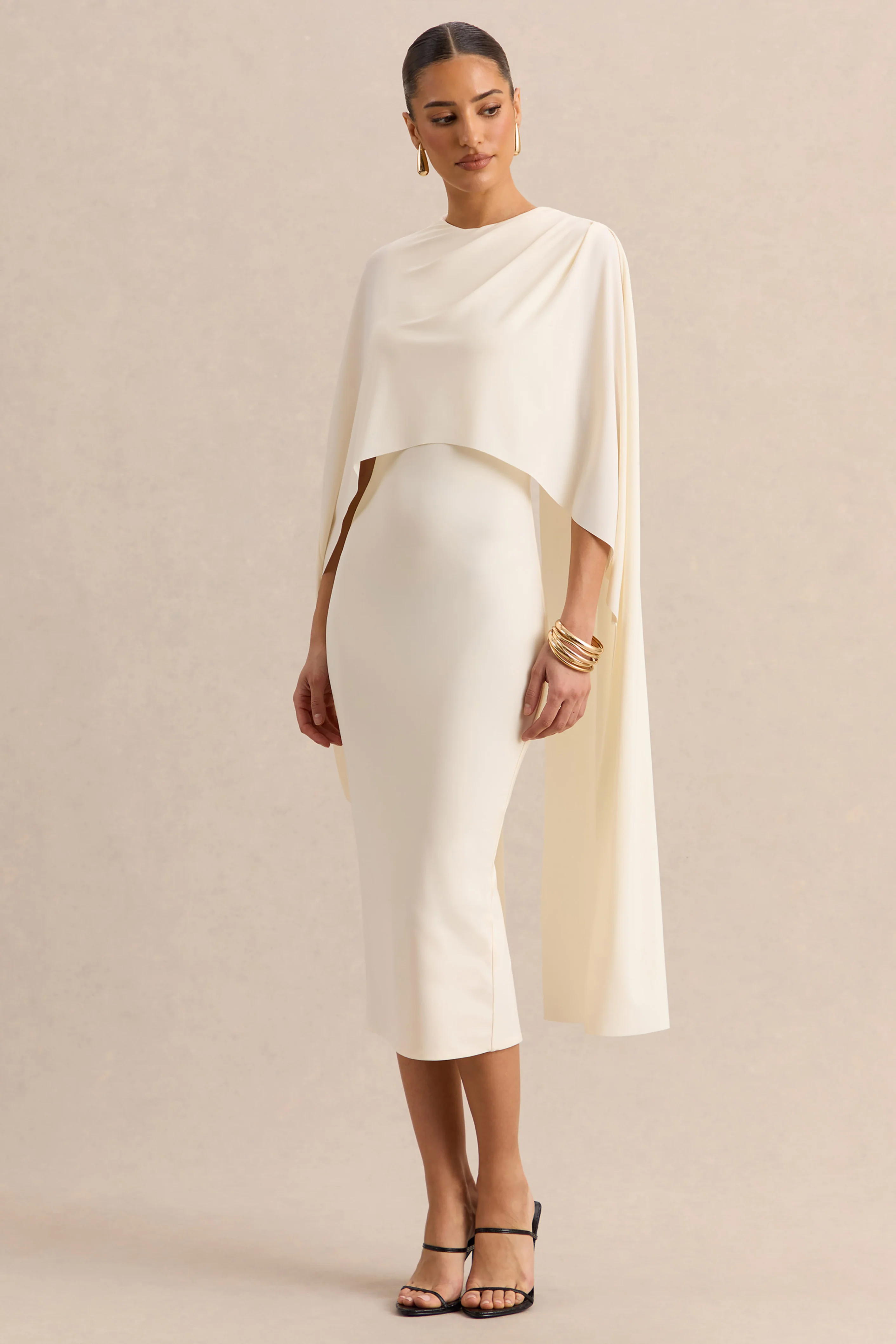 Luxalyn | Cream Round-Neck Midi Dress With Cape-Detail - Image 6