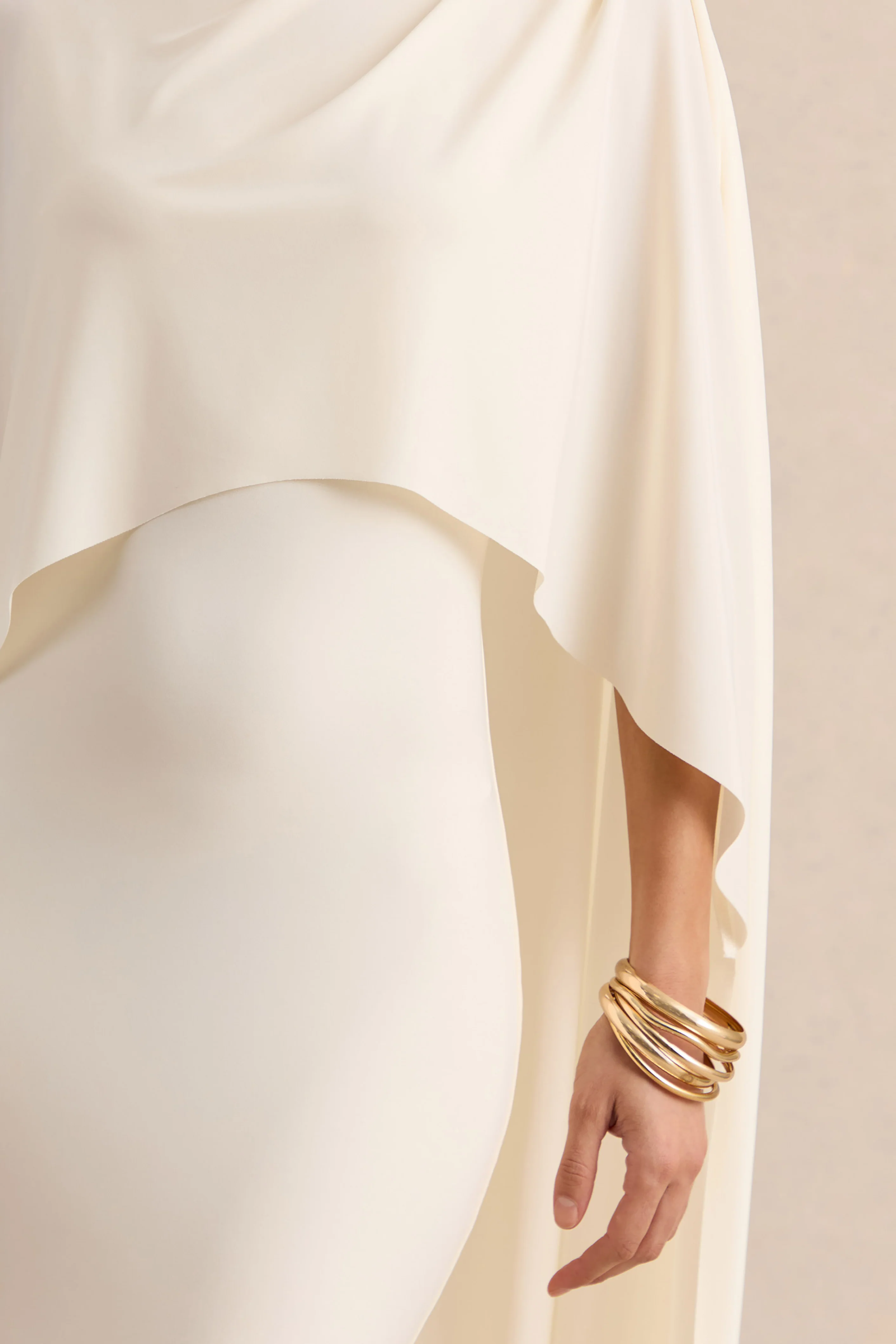 Luxalyn | Cream Round-Neck Midi Dress With Cape-Detail - Image 7