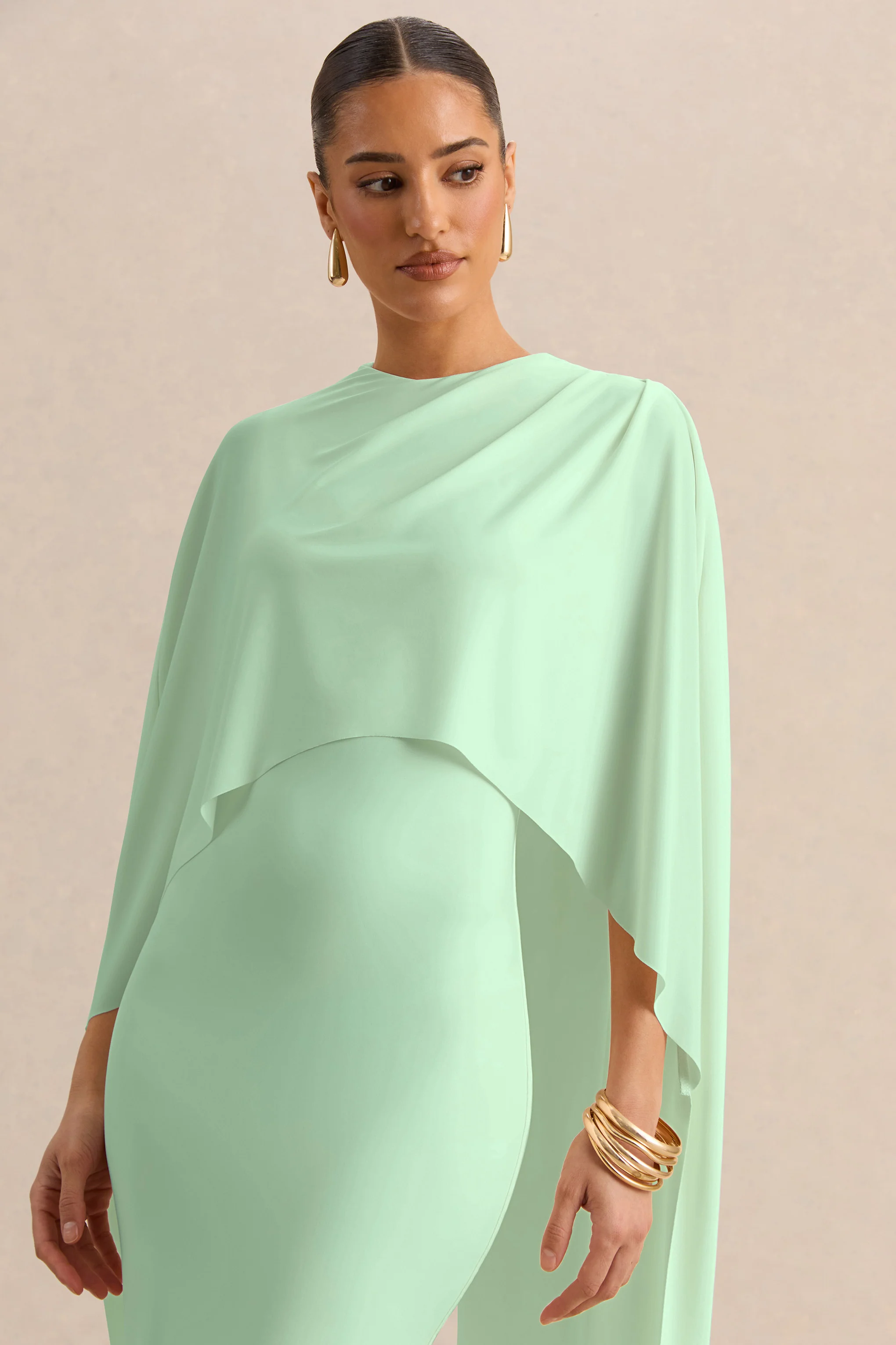 Luxalyn | Green Round-Neck Midi Dress With Cape-Detail - Image 3