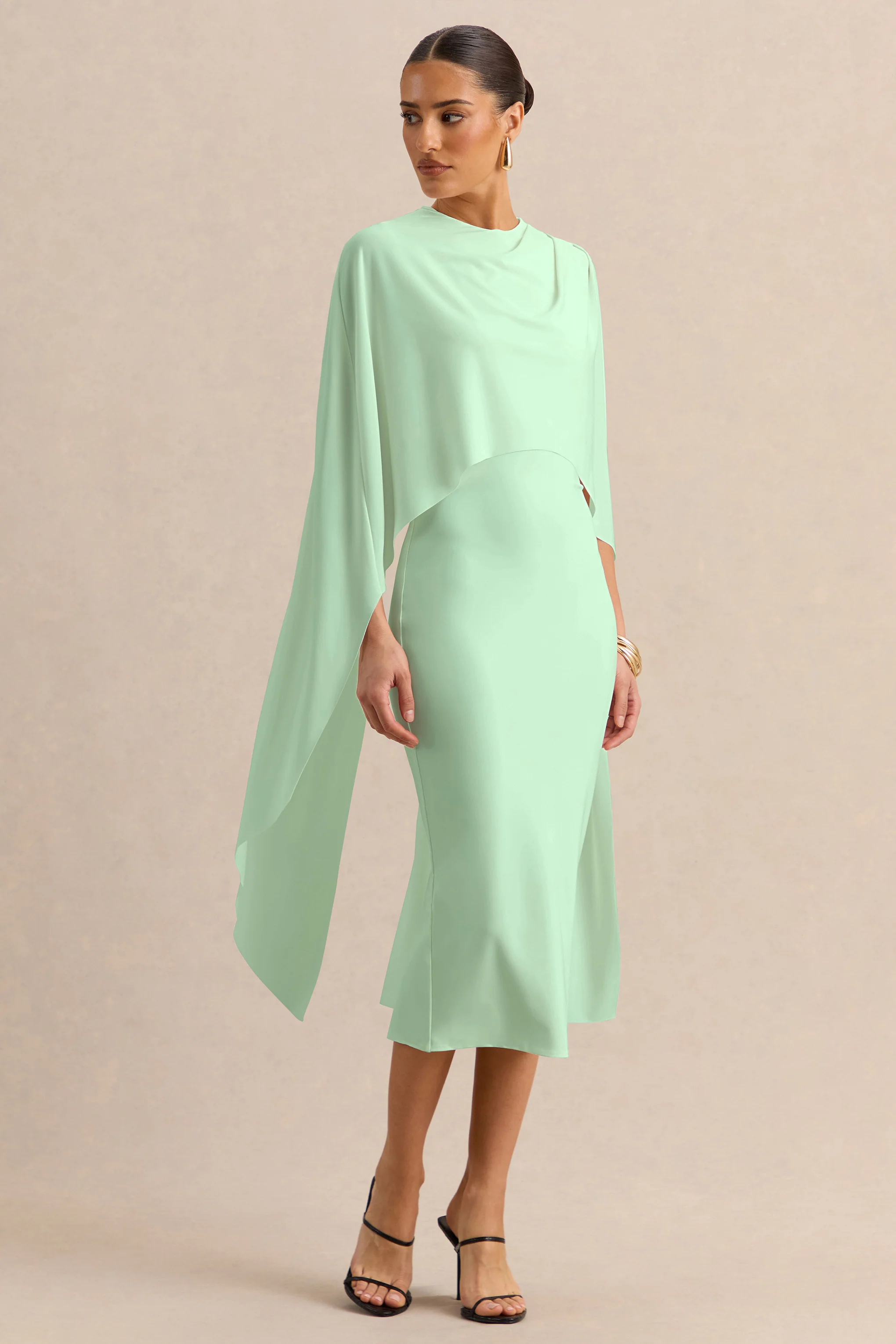 Luxalyn | Green Round-Neck Midi Dress With Cape-Detail - Image 4