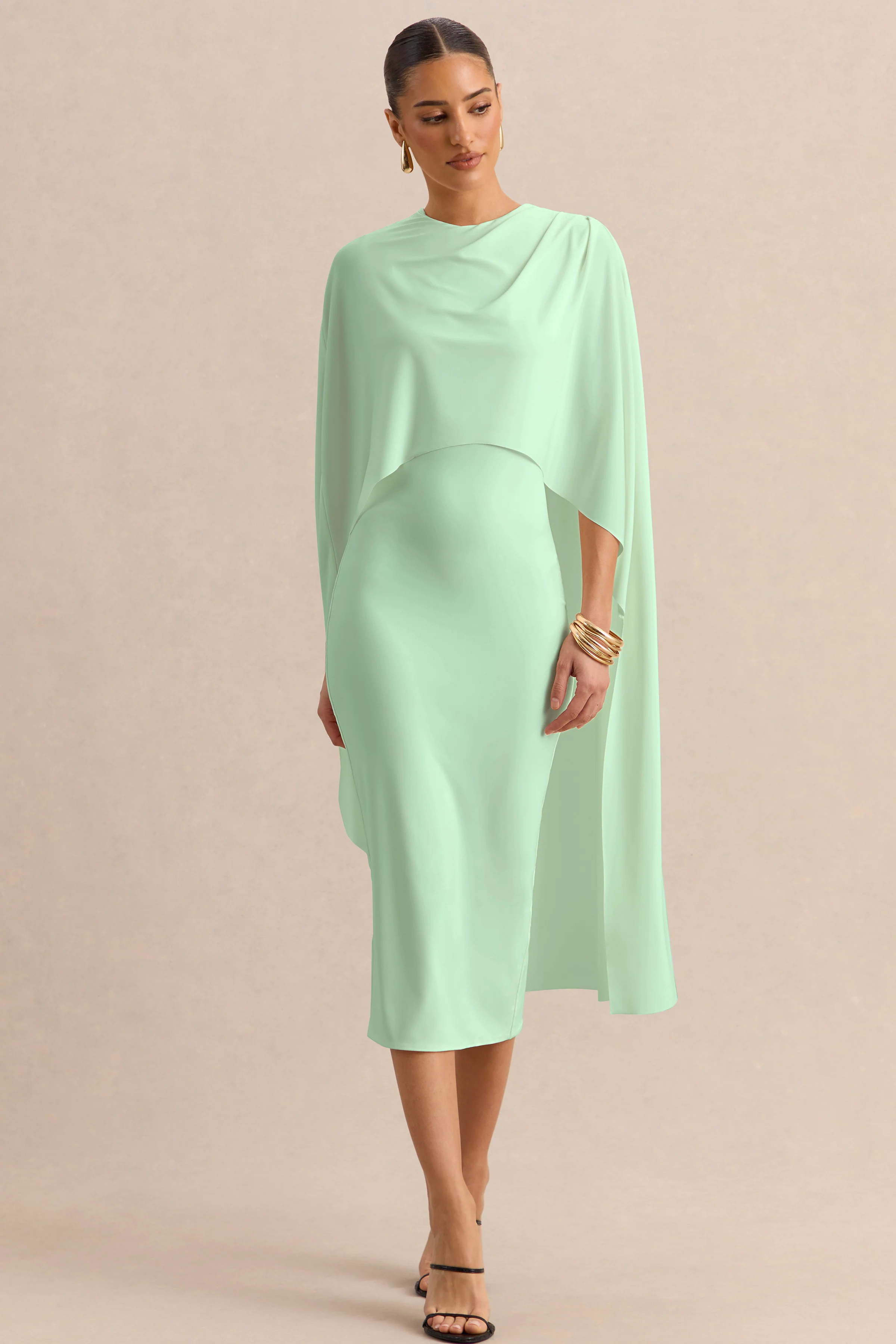 Luxalyn | Green Round-Neck Midi Dress With Cape-Detail - Image 5