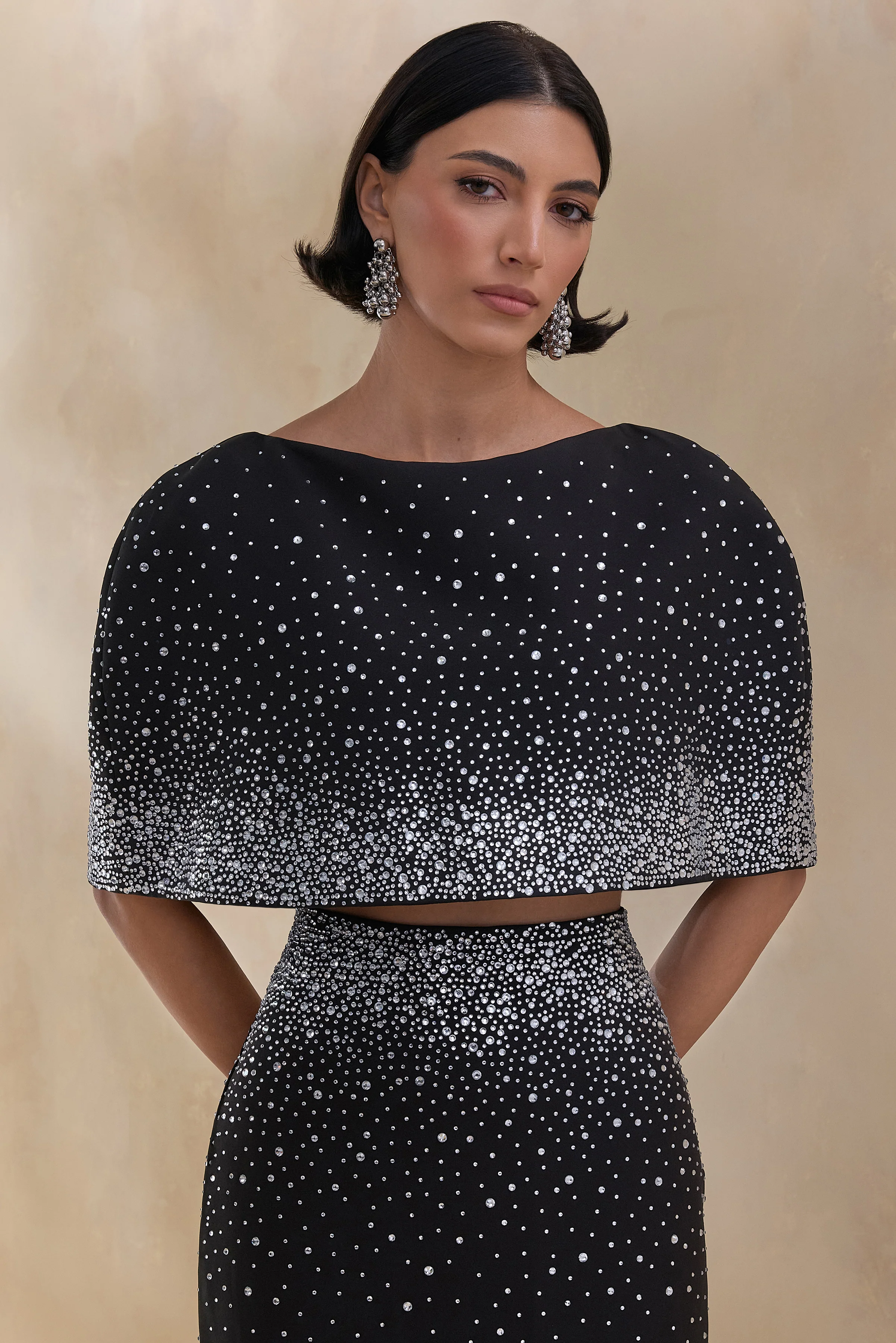 Luxy | Black Embellished Boat-Neck Crop-Top With Cape-Sleeves - Image 5