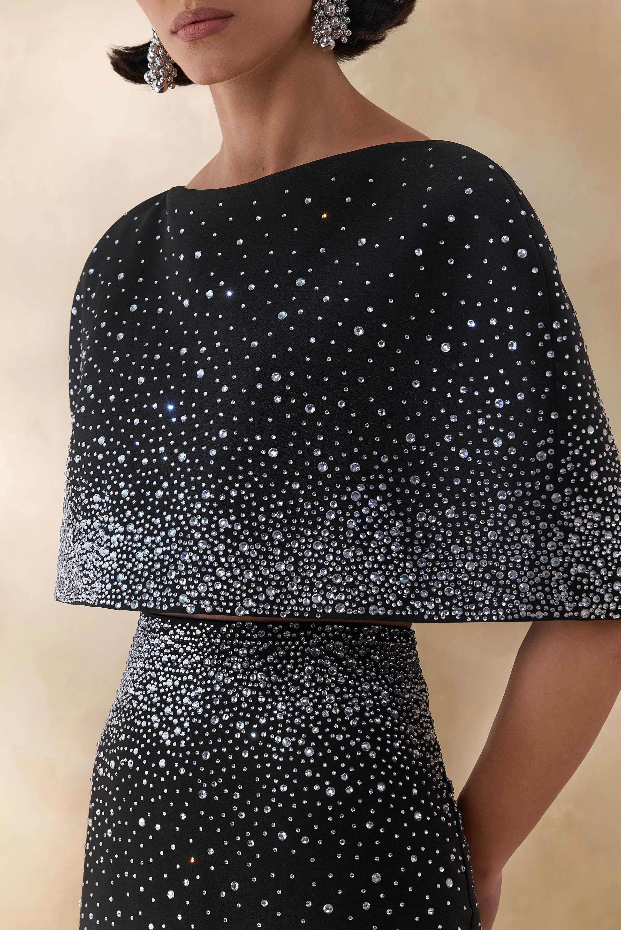 Luxy | Black Embellished Boat-Neck Crop-Top With Cape-Sleeves - Image 6