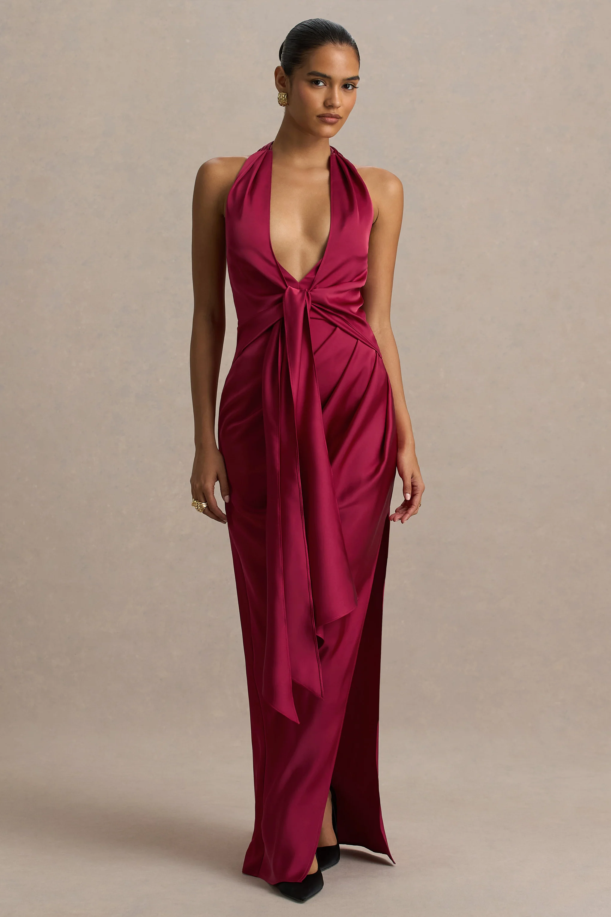 Lynette | Burgundy Satin Plunge-Neck Maxi Dress With Asymmetric Hem - Image 3